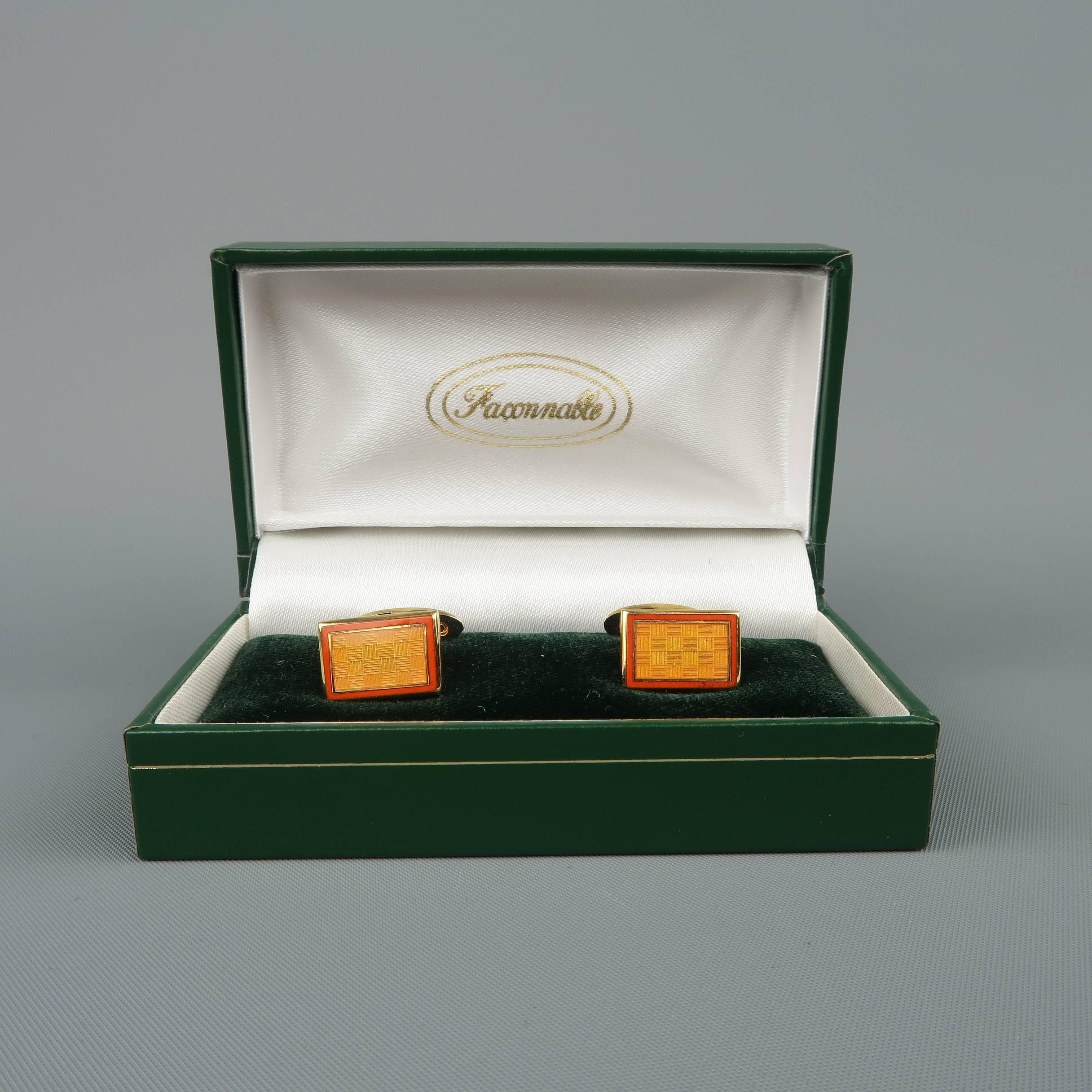Men's Faconnable Gold Tone Metal Orange Checkered Enamel Vintage Cuff Links