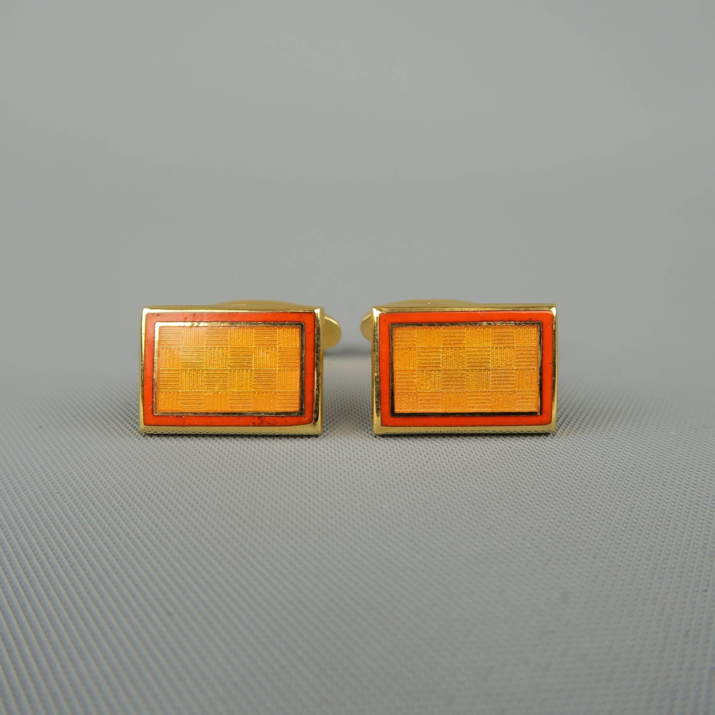 Faconnable Gold Tone Metal Orange Checkered Enamel Vintage Cuff Links 2