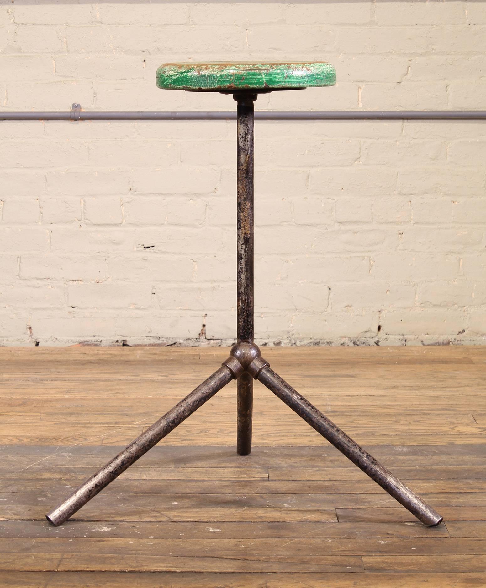 Three Pole Factory Stool Vintage Shop Industrial Style, Steel and Wood 2