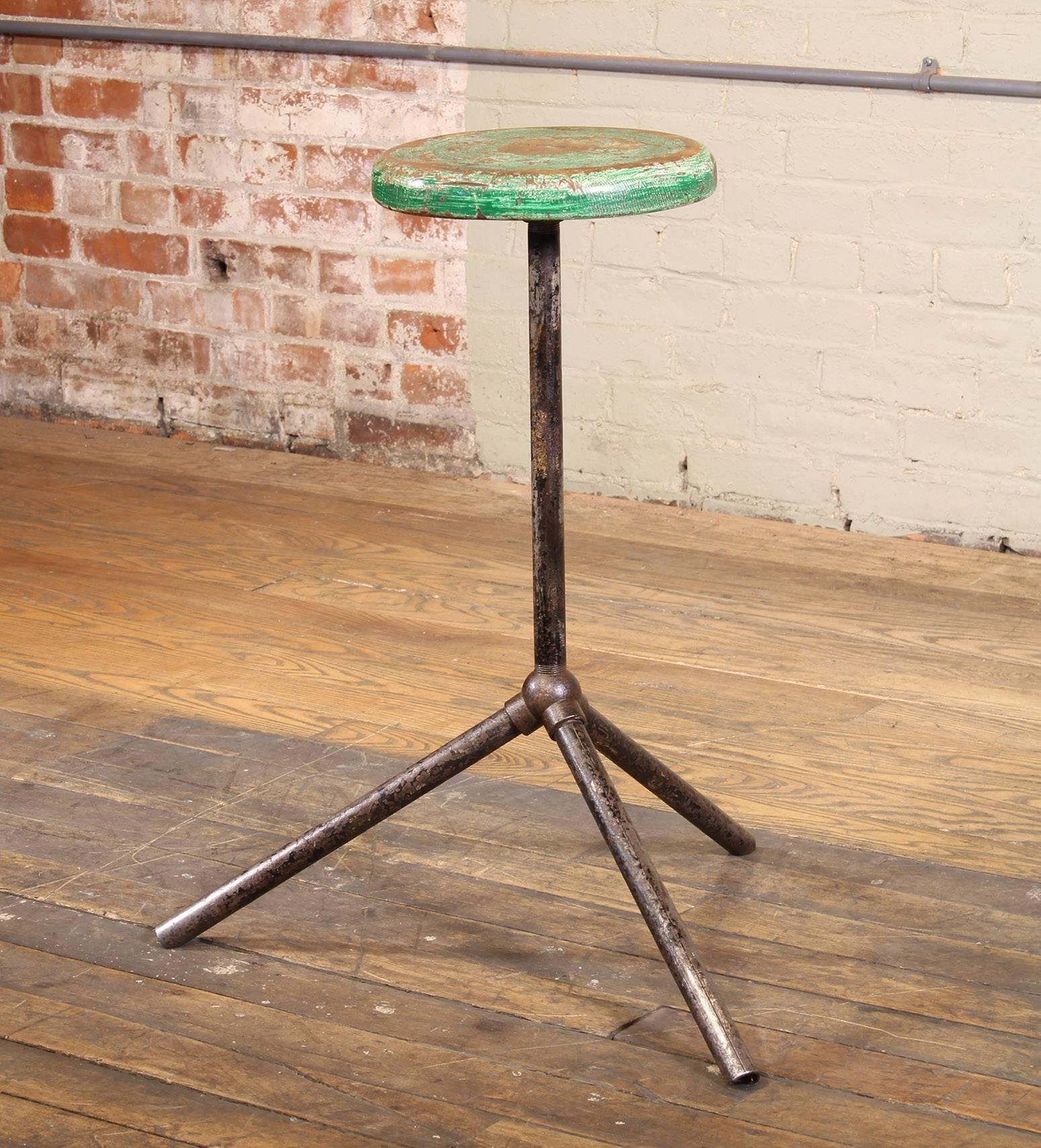 American Three Pole Factory Stool Vintage Shop Industrial Style, Steel and Wood