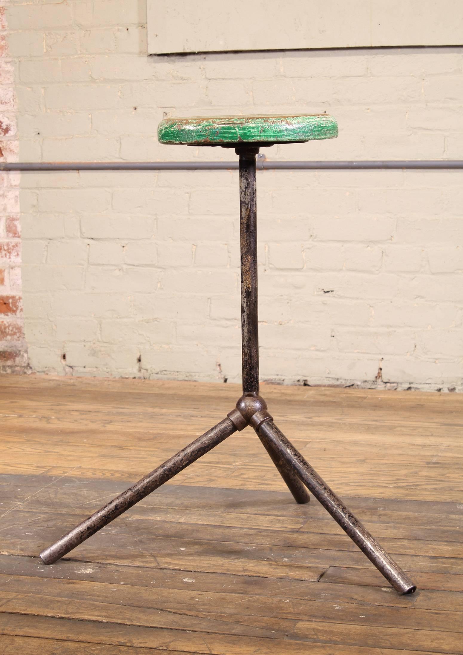 Cast Three Pole Factory Stool Vintage Shop Industrial Style, Steel and Wood