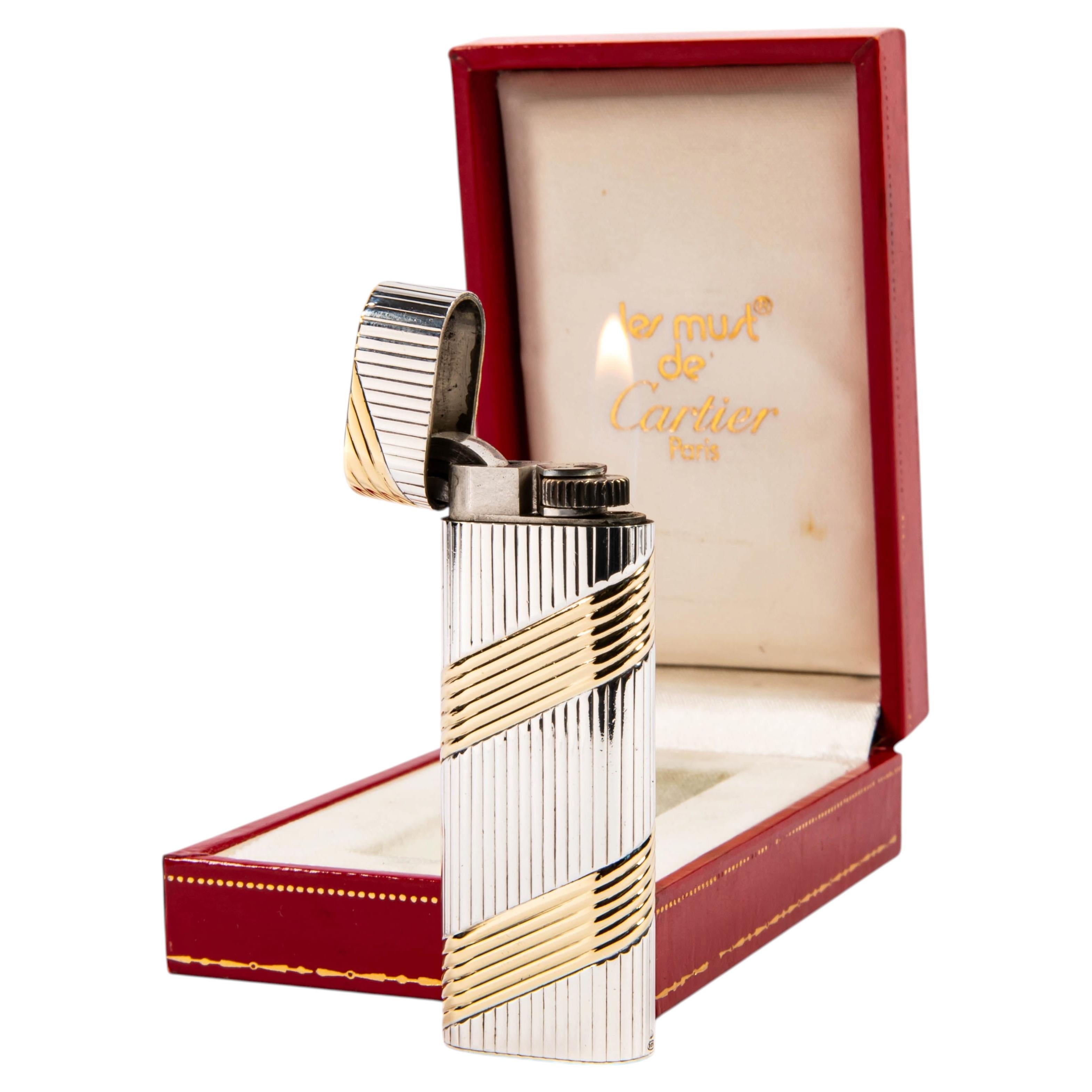Vintage Factory Solid Silver 18k Gold CARTIER Les Must Lighter in Box 1970s For Sale