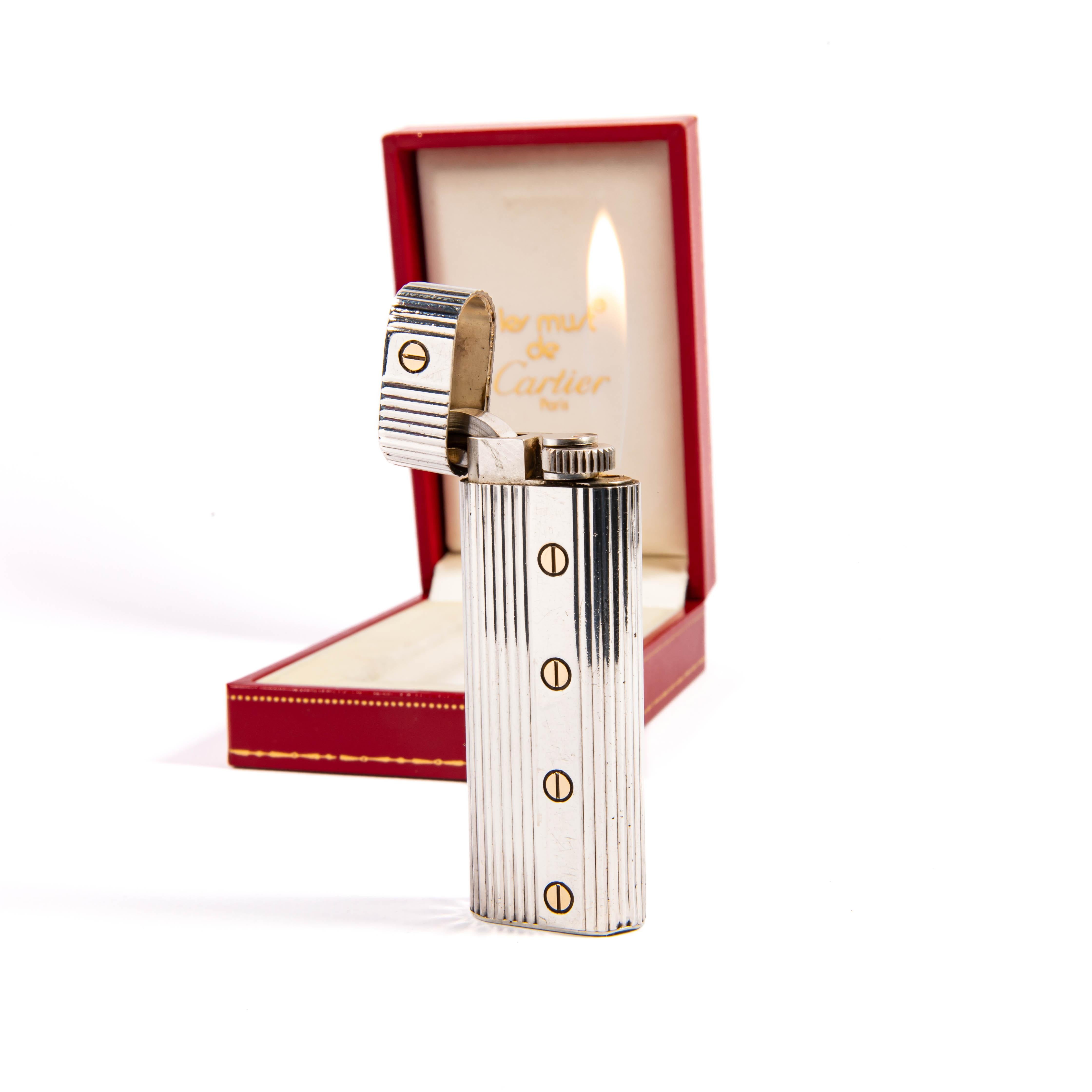 Vintage Factory Solid Silver CARTIER Les Must Lighter in Box 1970s For Sale 3