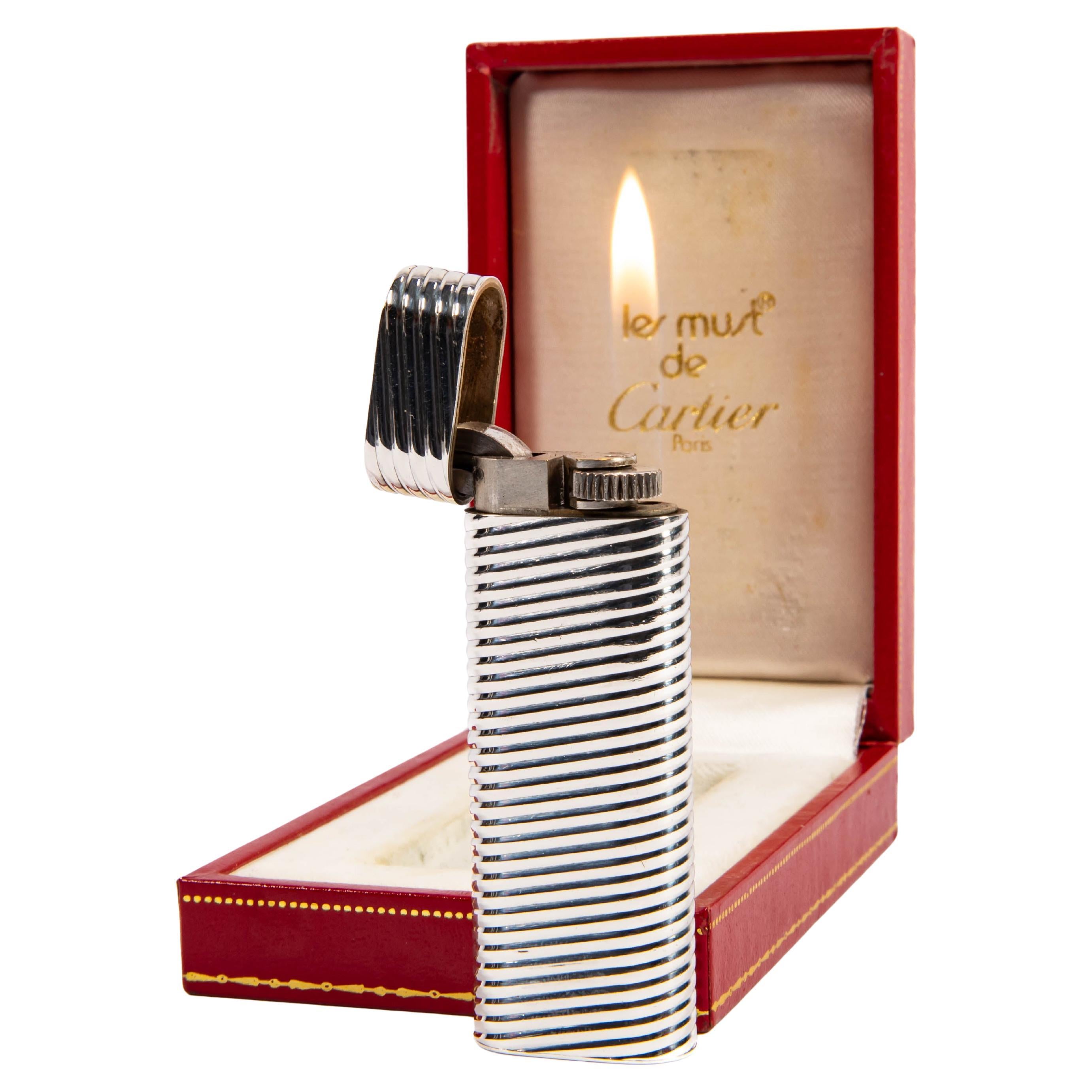 Vintage Factory Solid Silver CARTIER Les Must Lighter in Box 1970s