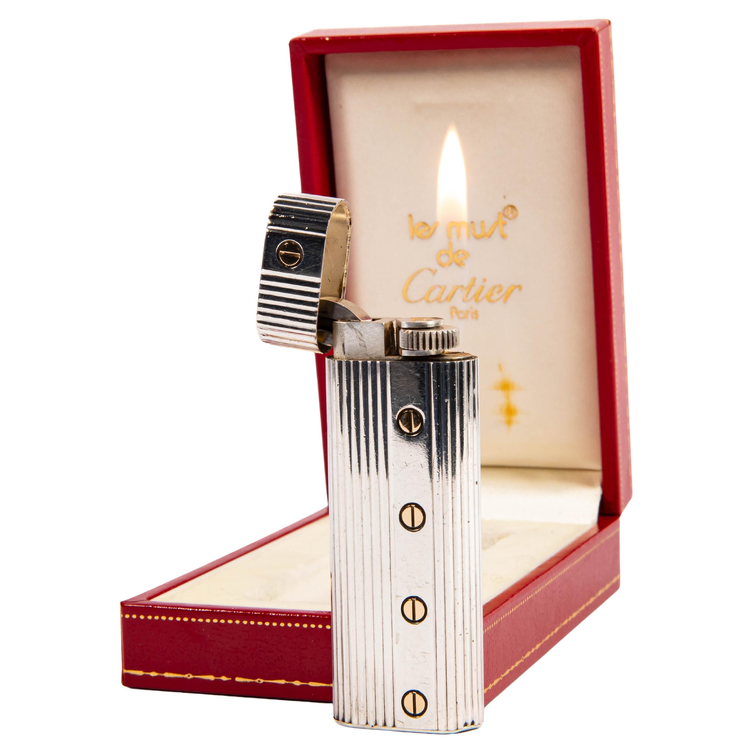 Vintage Factory Solid Silver CARTIER Les Must Lighter in Box 1970s