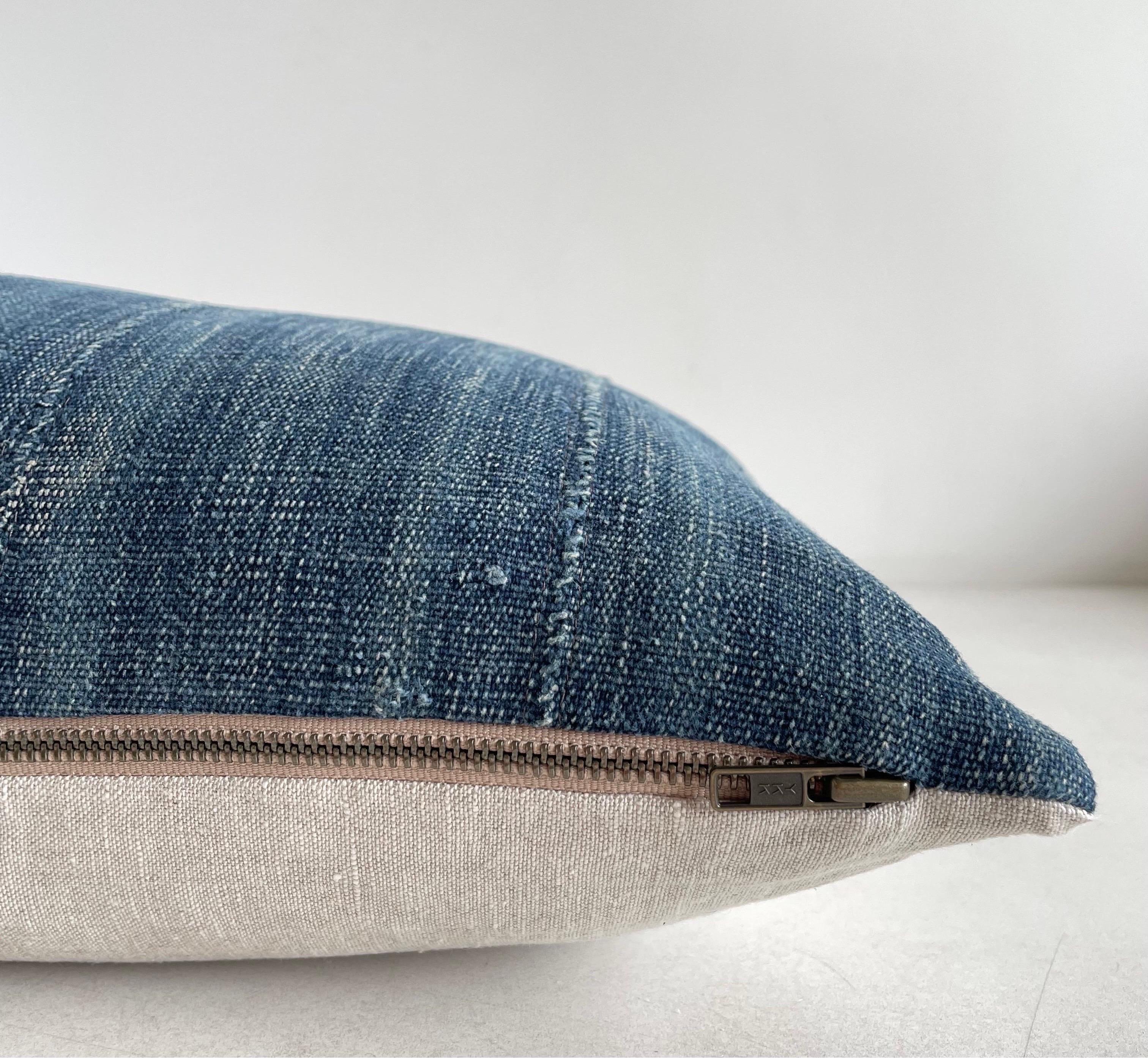 Vintage Faded Blue Indigo Cloth and Linen Pillow 1