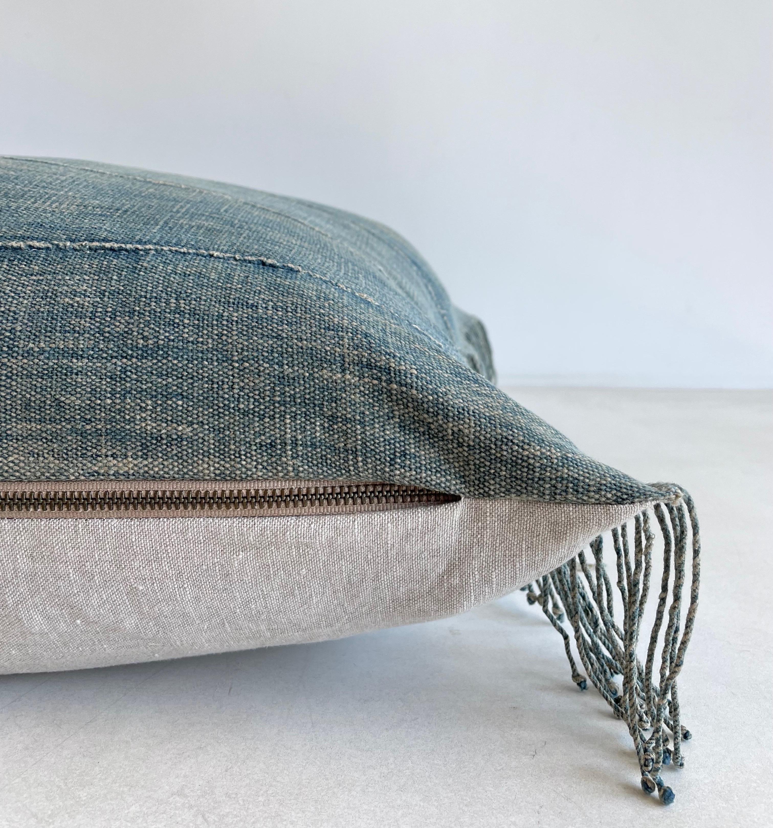 Vintage Faded Blue Indigo Cloth and Linen Pillow 3