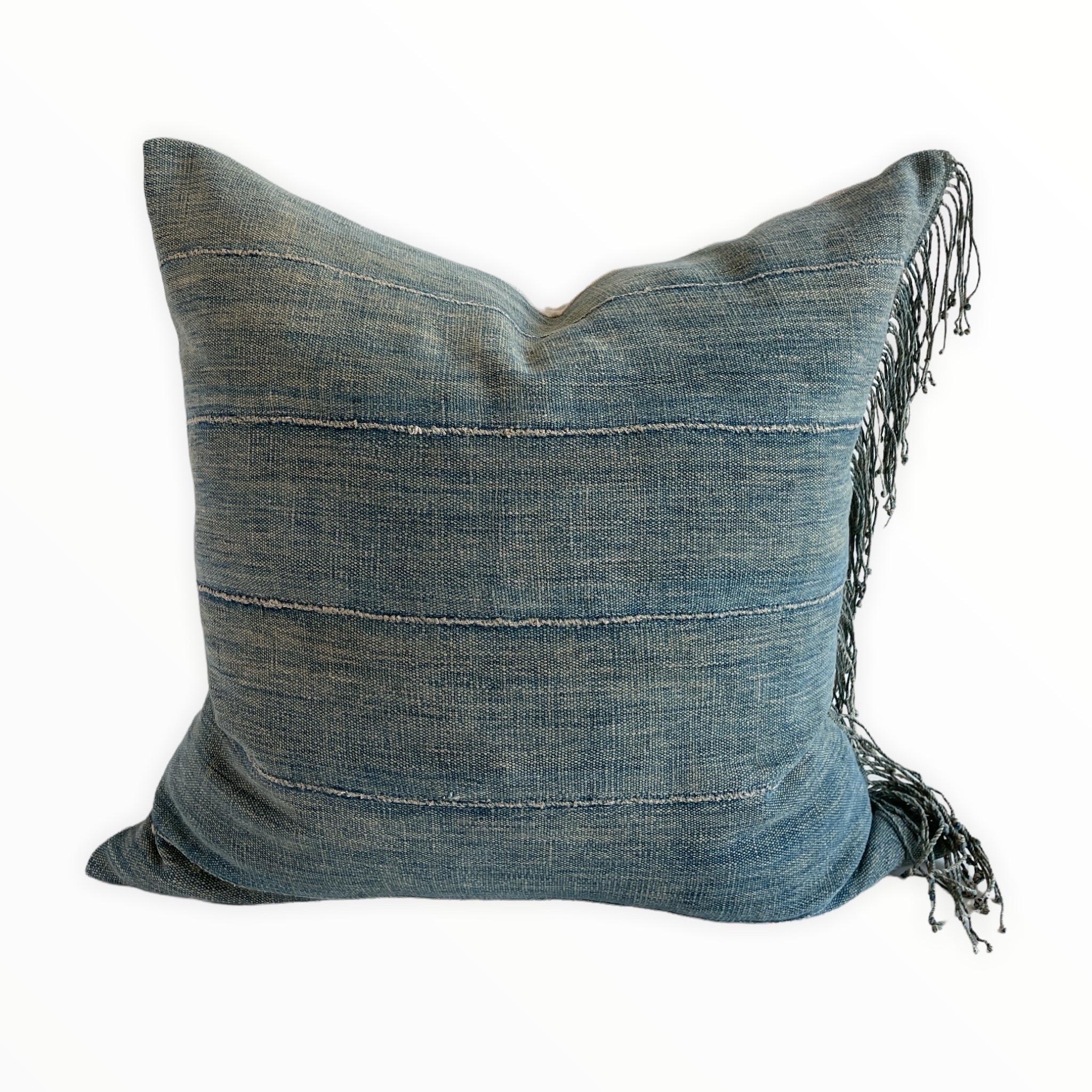 Vintage Faded Blue Indigo Cloth and Linen Pillow 4