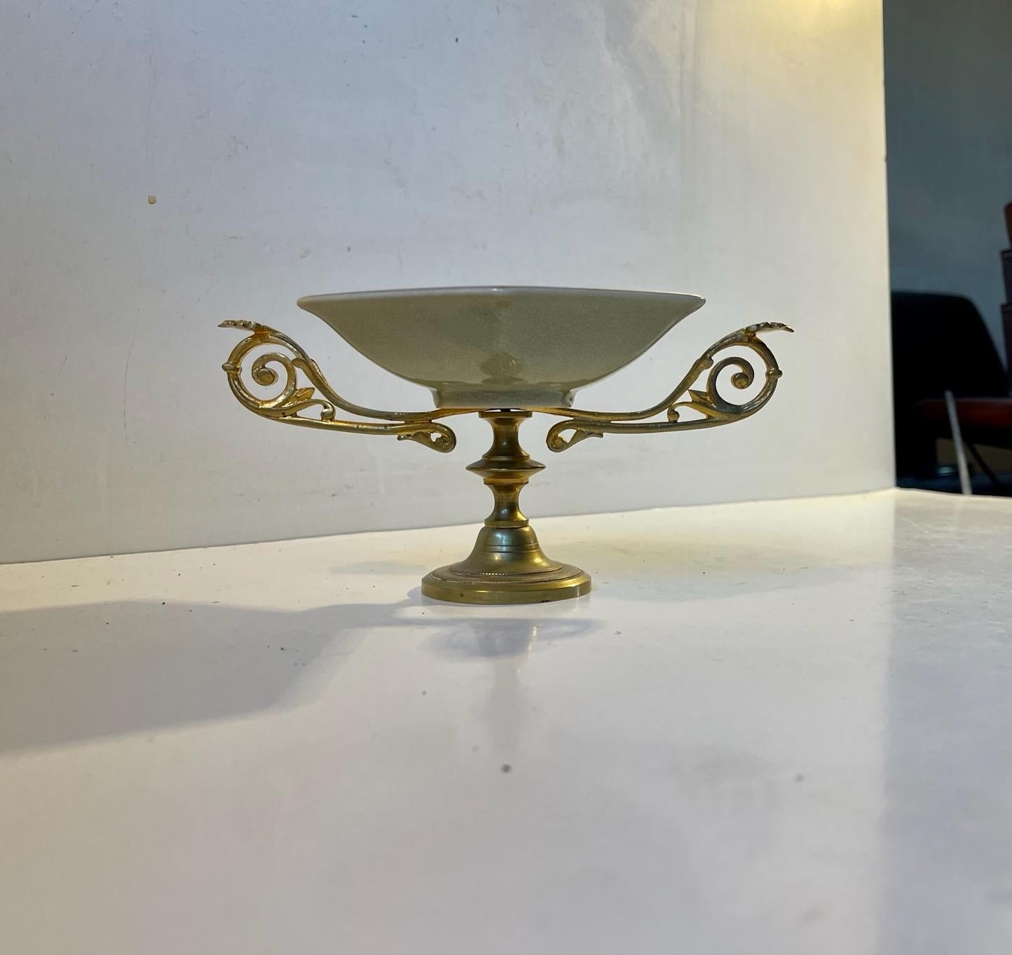 Victorian Vintage Faience & Brass Pedestal Chocolate Dish, Bonbonniere by Royal Copenhagen For Sale