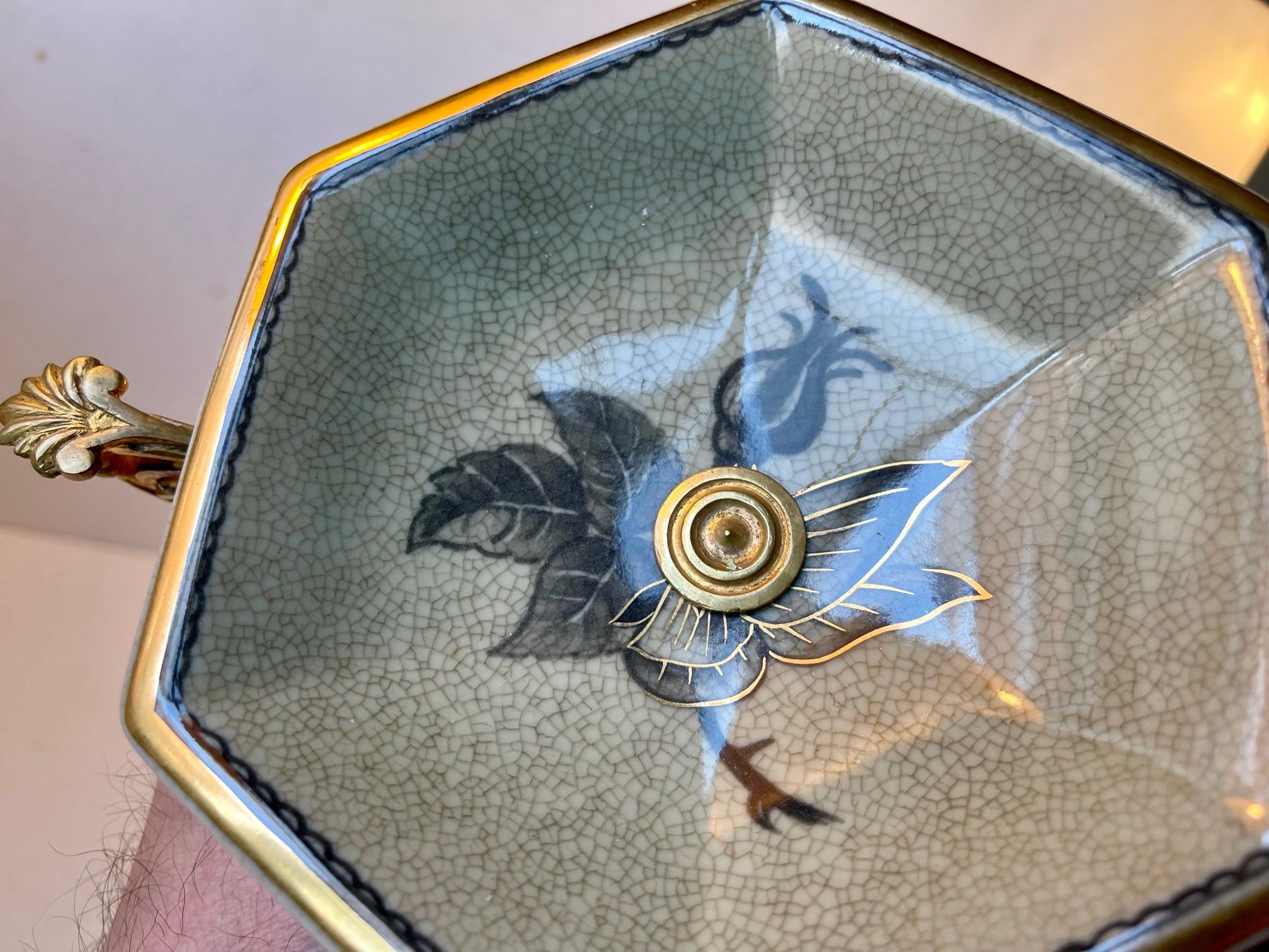 Vintage Faience & Brass Pedestal Chocolate Dish, Bonbonniere by Royal Copenhagen In Good Condition For Sale In Esbjerg, DK