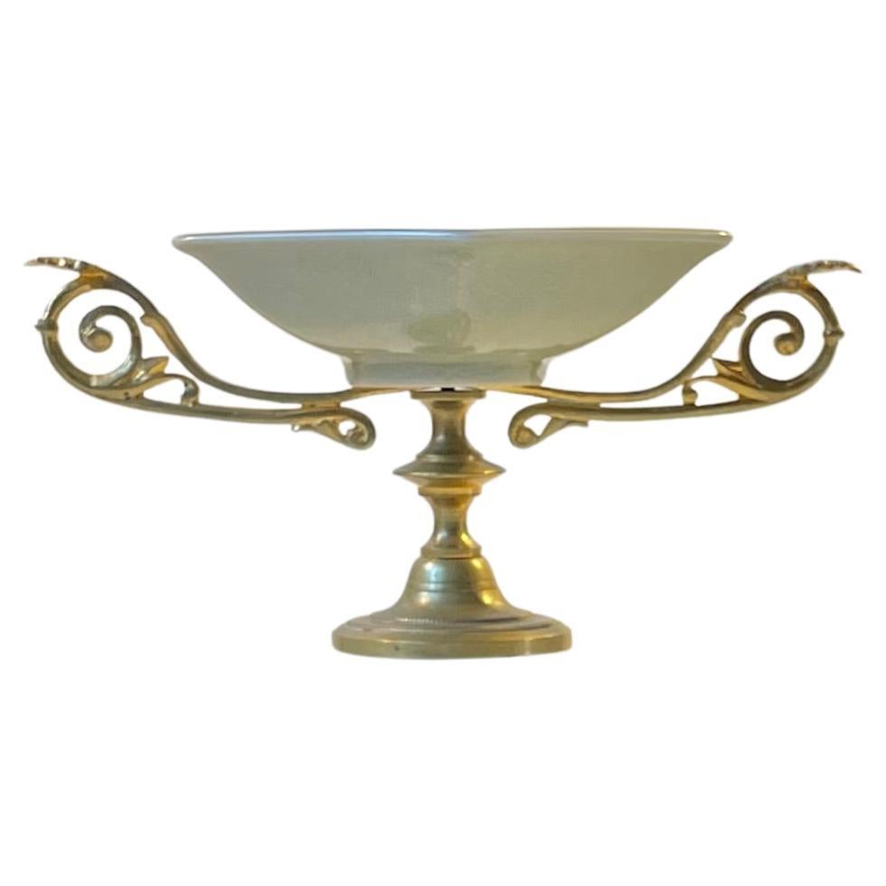 Vintage Faience & Brass Pedestal Chocolate Dish, Bonbonniere by Royal Copenhagen For Sale