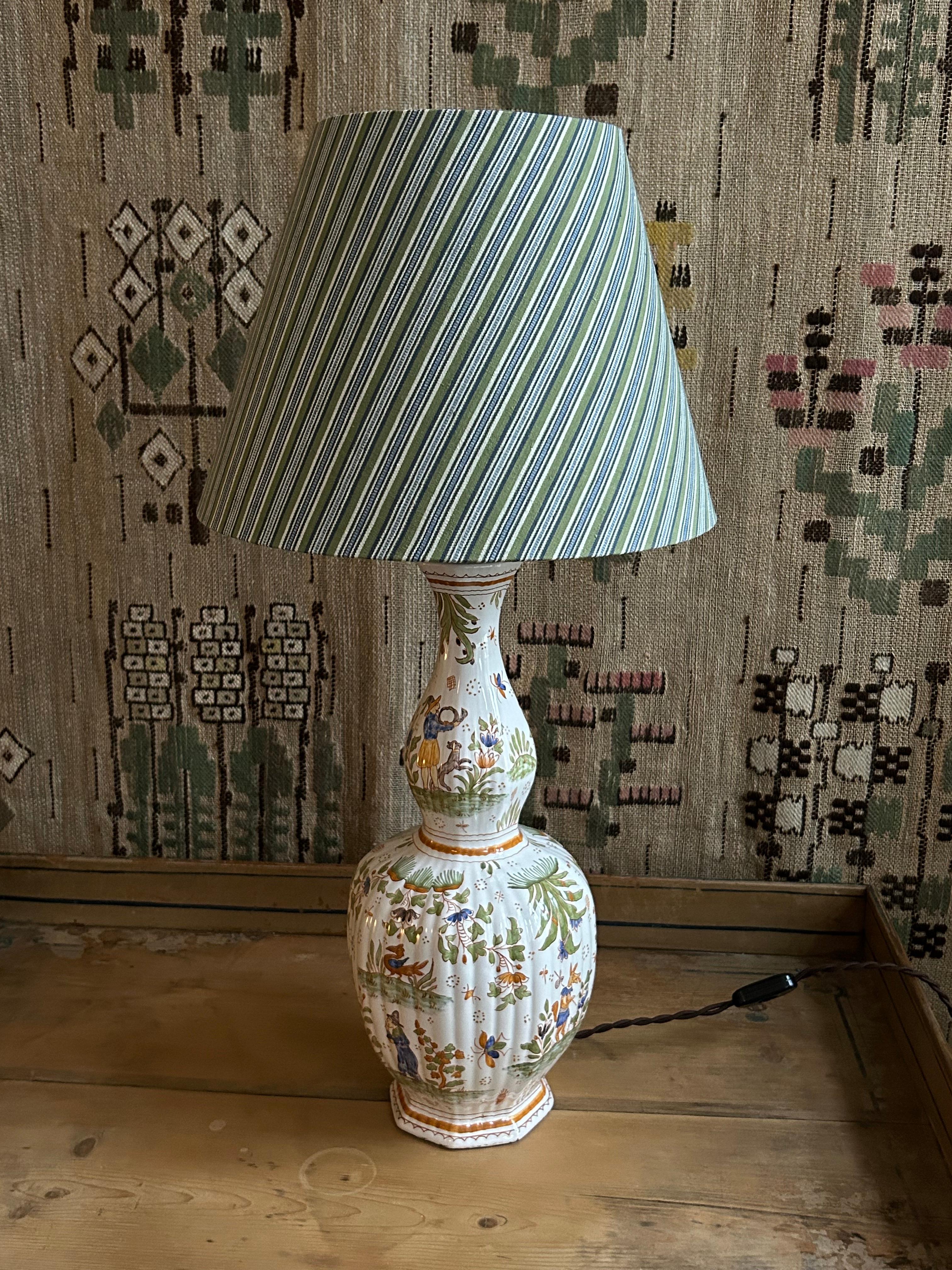 French Vintage Faience Ceramic Table Lamp with Customized Shade, France, 20th Century