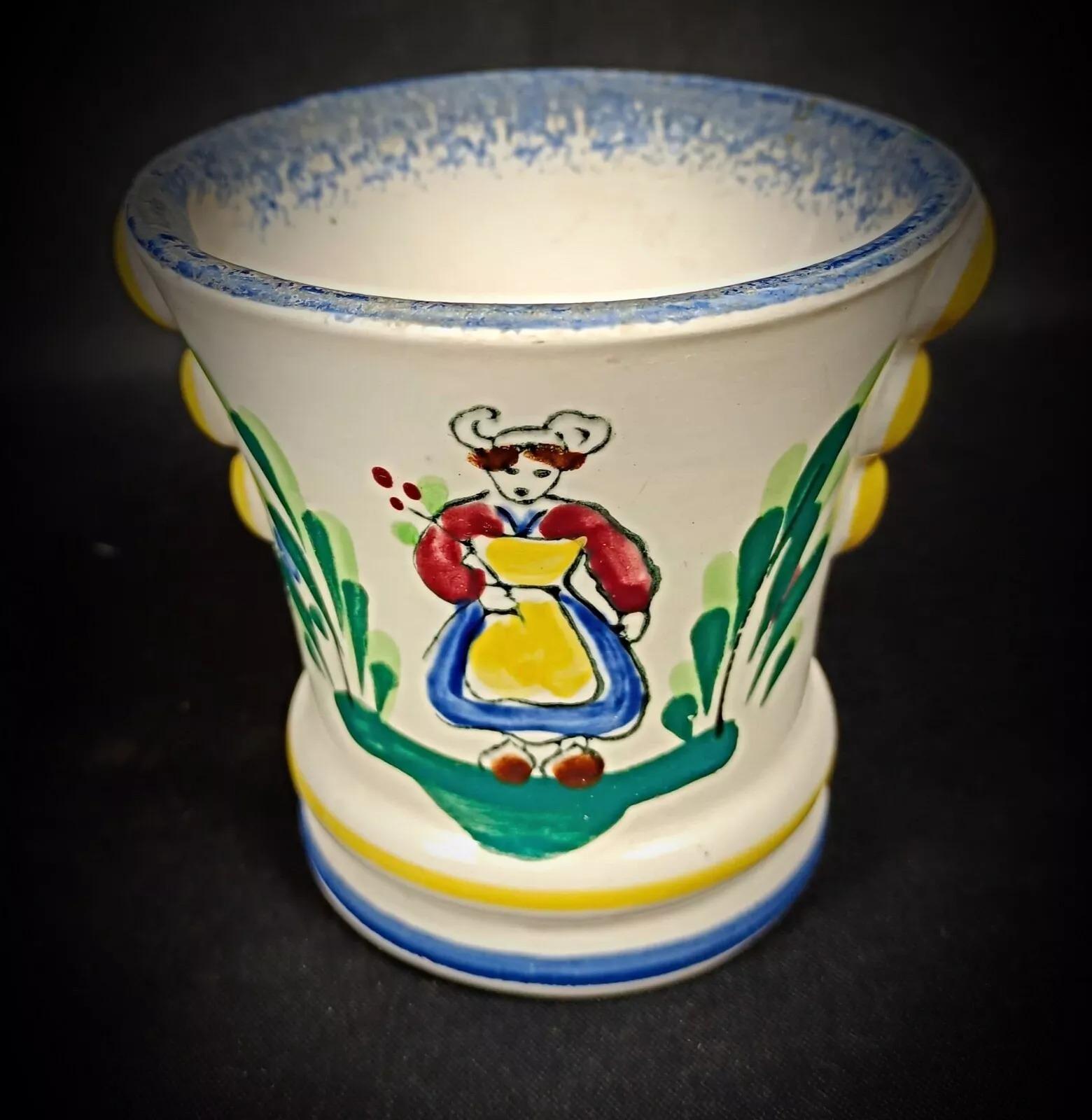 Vintage Faience Pot by M.F.A Pornic Dinard with Breton and Floral Design - 2Y245 For Sale 3
