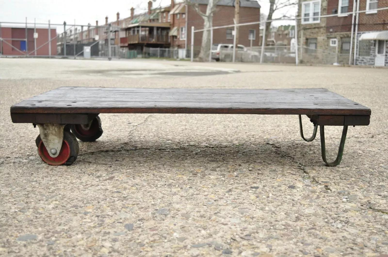 Vintage Fairbanks American Industrial Wood Iron Factory Work Cart Coffee Table A For Sale 5