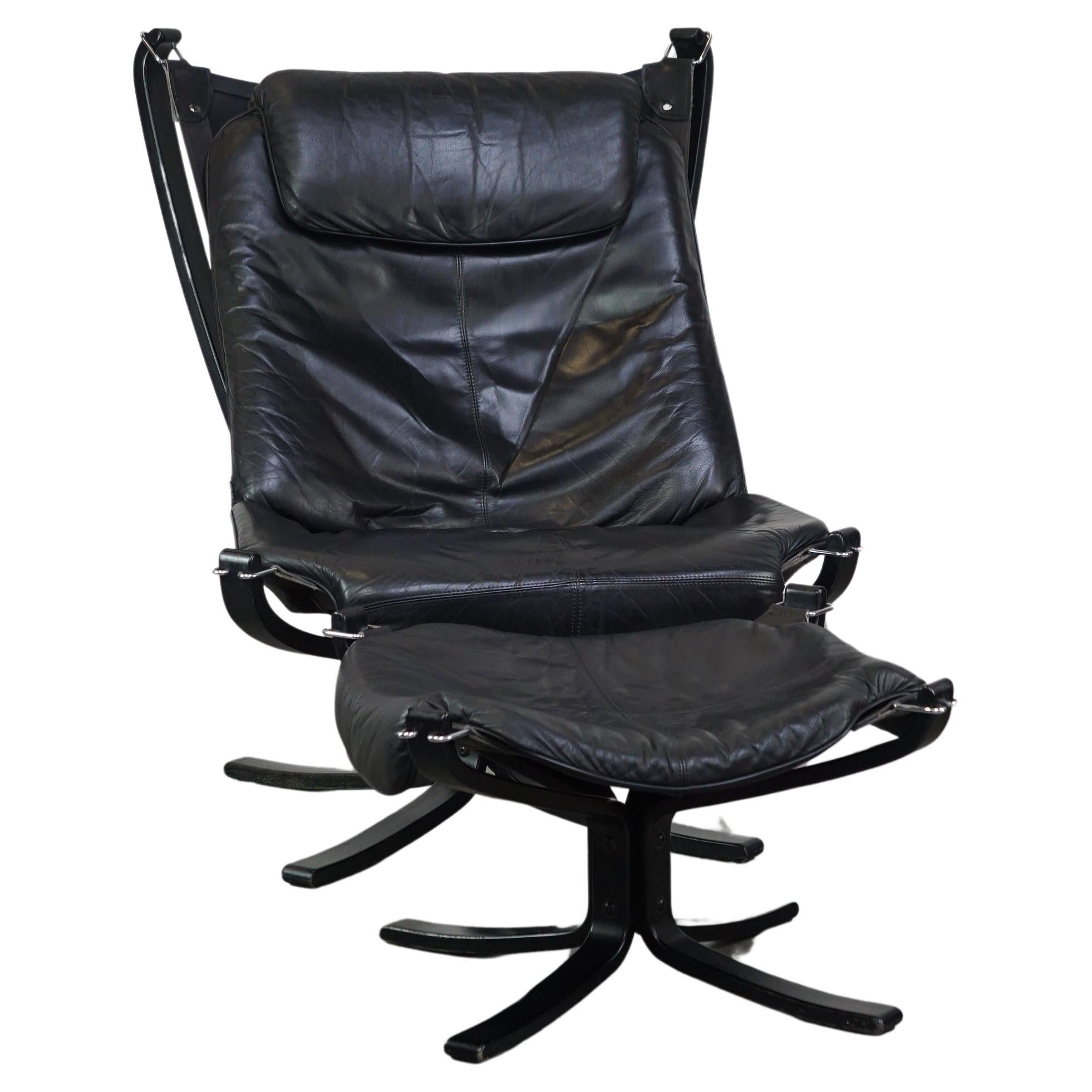 Vintage Falcon designchair + footstool by Vathe Mobler from Norway black leather