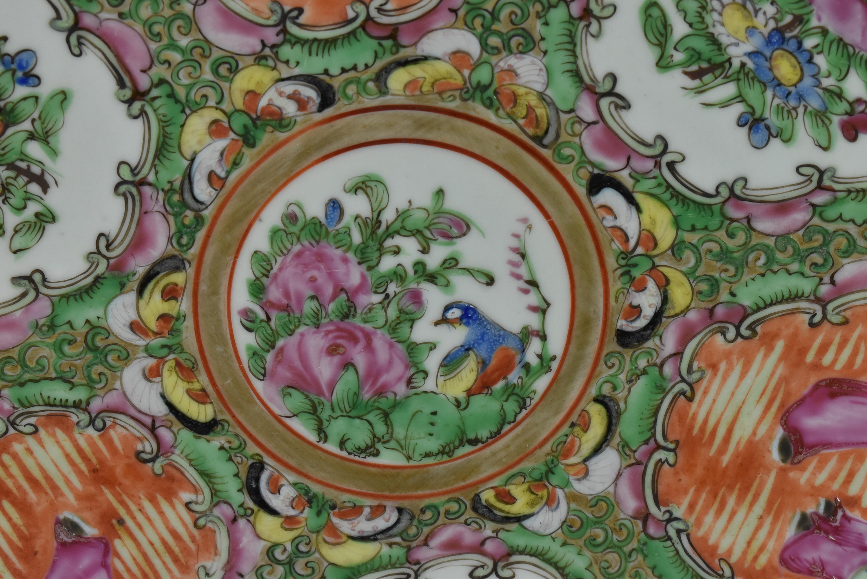 Hand painted Famille rose porcelain Chinese charger. Six panels of painted figures, birds, butterflies and flowers. Very good condition with no damage. Dimensions: 16
