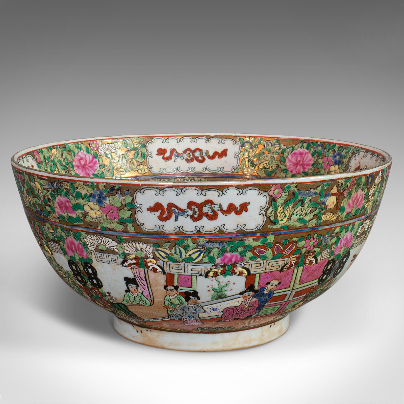 This is a vintage Famille Rose bowl. An Oriental, ironstone dish from the Art Deco period, dating to the mid-20th century, circa 1940.

Wonderfully ornate decoration
Displays a desirable aged patina
Ironstone in good order
