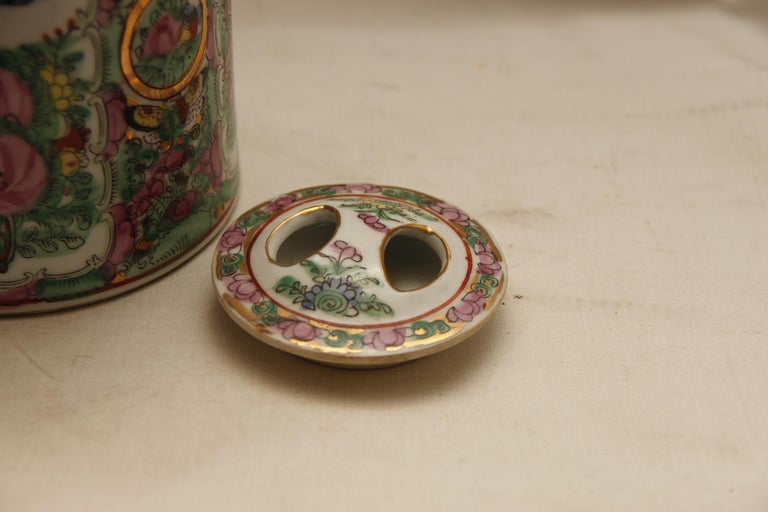 Glazed Vintage Famille Rose Medallion Teapot For Sale