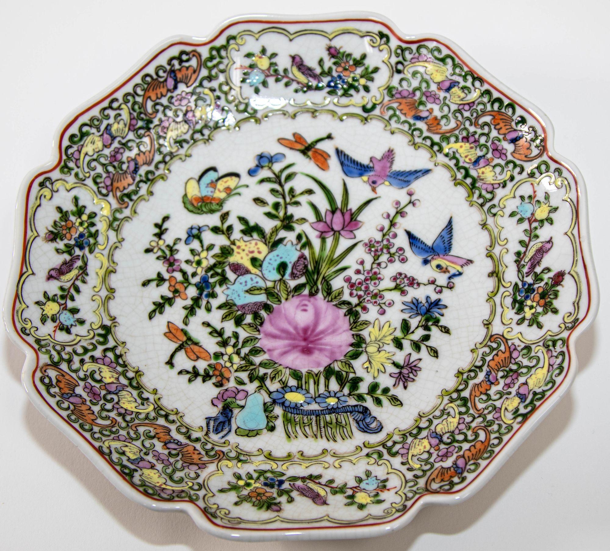 Vintage famille Rose Porcelain plate with birds and flowers hand painted decor For Sale 3