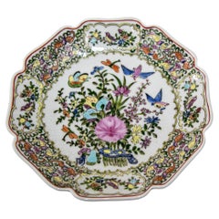 Vintage Familie Rose-Porzellanteller mit Vogel- und Blumendekor, handbemalt
