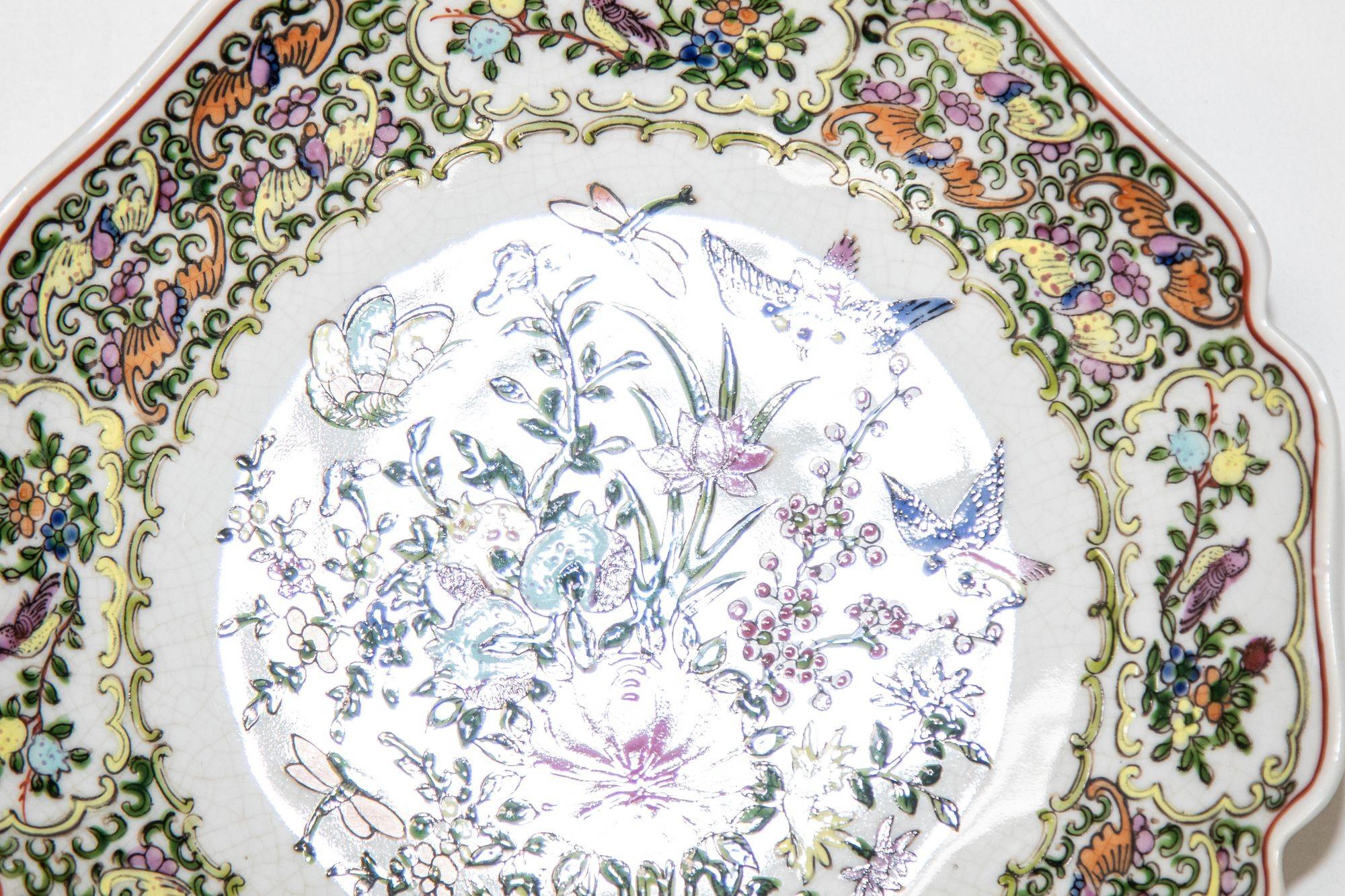 Hong Kong Vintage famille Rose Porcelain plate with birds and flowers hand painted decor For Sale