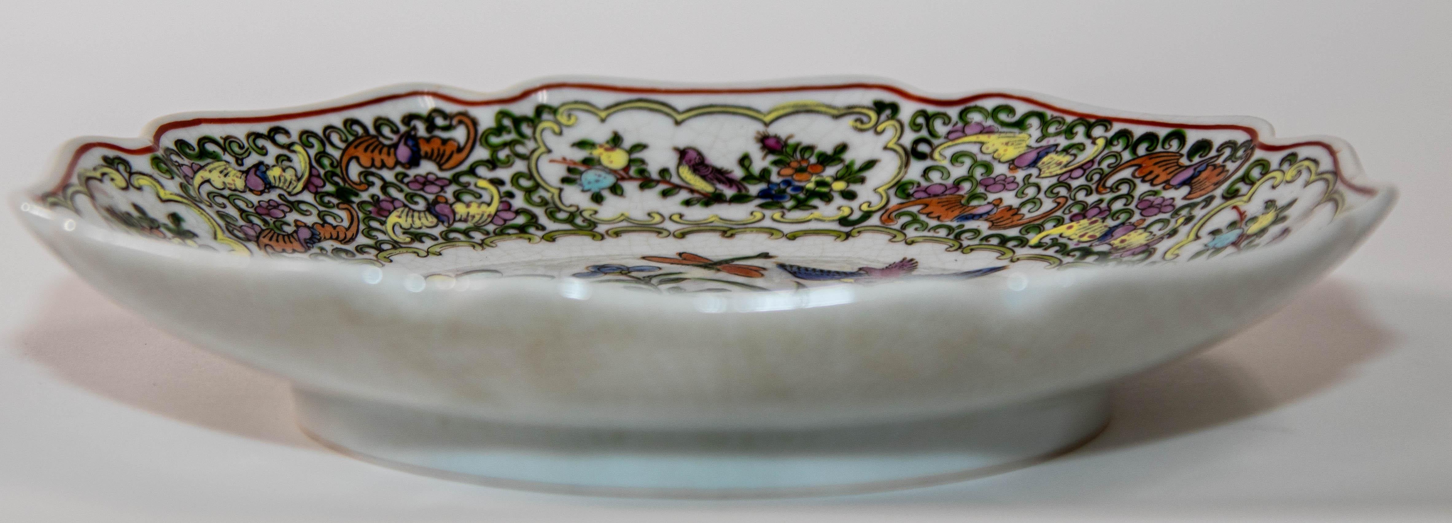 Vintage famille Rose Porcelain plate with birds and flowers hand painted decor For Sale 1