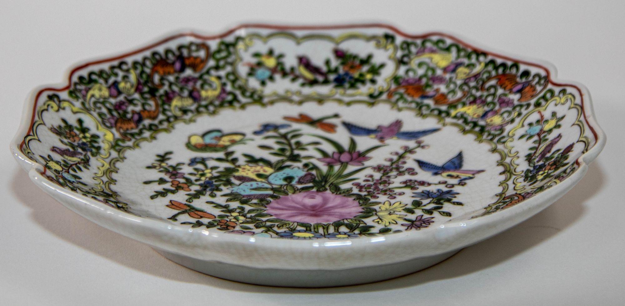 Vintage famille Rose Porcelain plate with birds and flowers hand painted decor For Sale 2