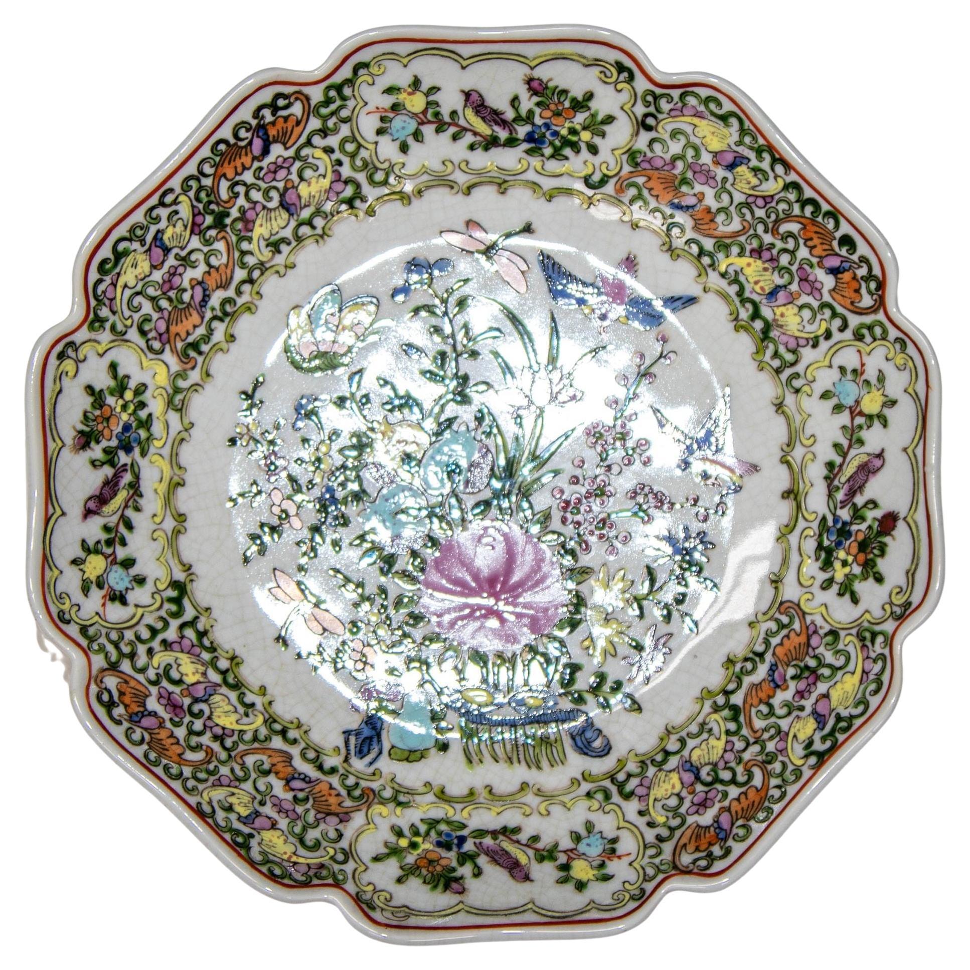 Vintage famille Rose Porcelain plate with birds and flowers hand painted decor For Sale