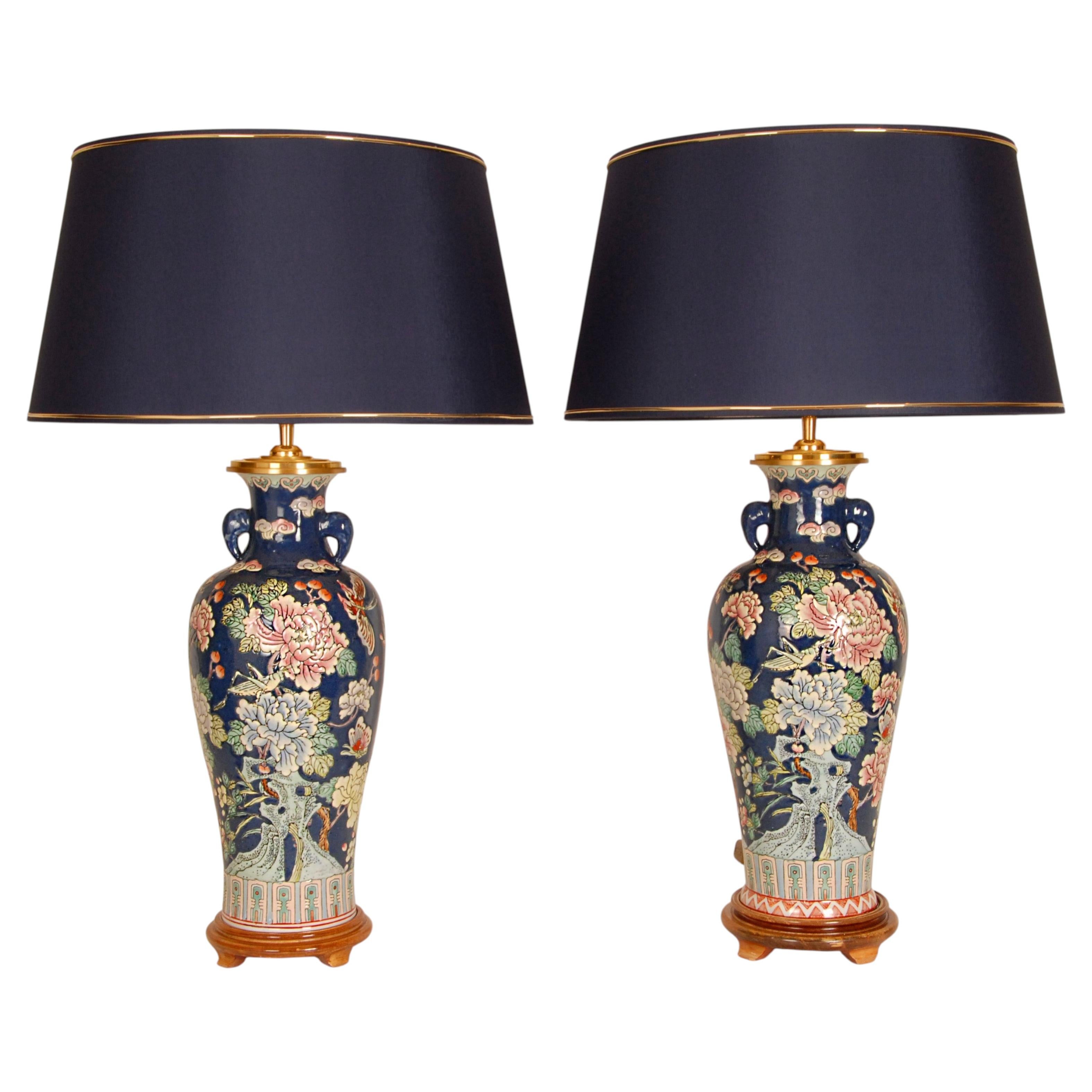 Vintage Famille Rose Vase Lamps Chinese Porcelain Blue Fond Table Lamps a Pair