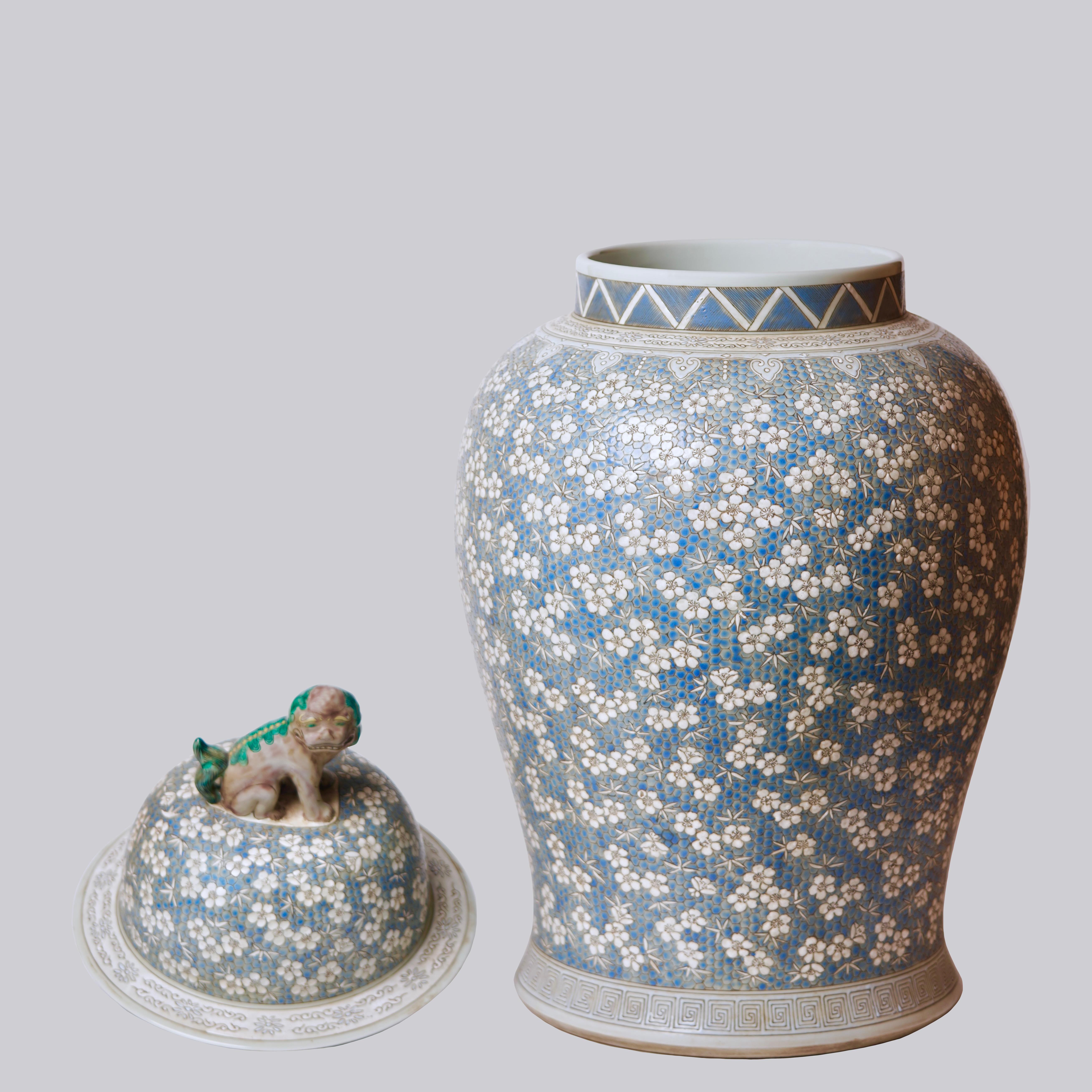 Qing Vintage Famille Style Cherry Blossoms Blue and Grey Field Porcelain Temple Jar For Sale