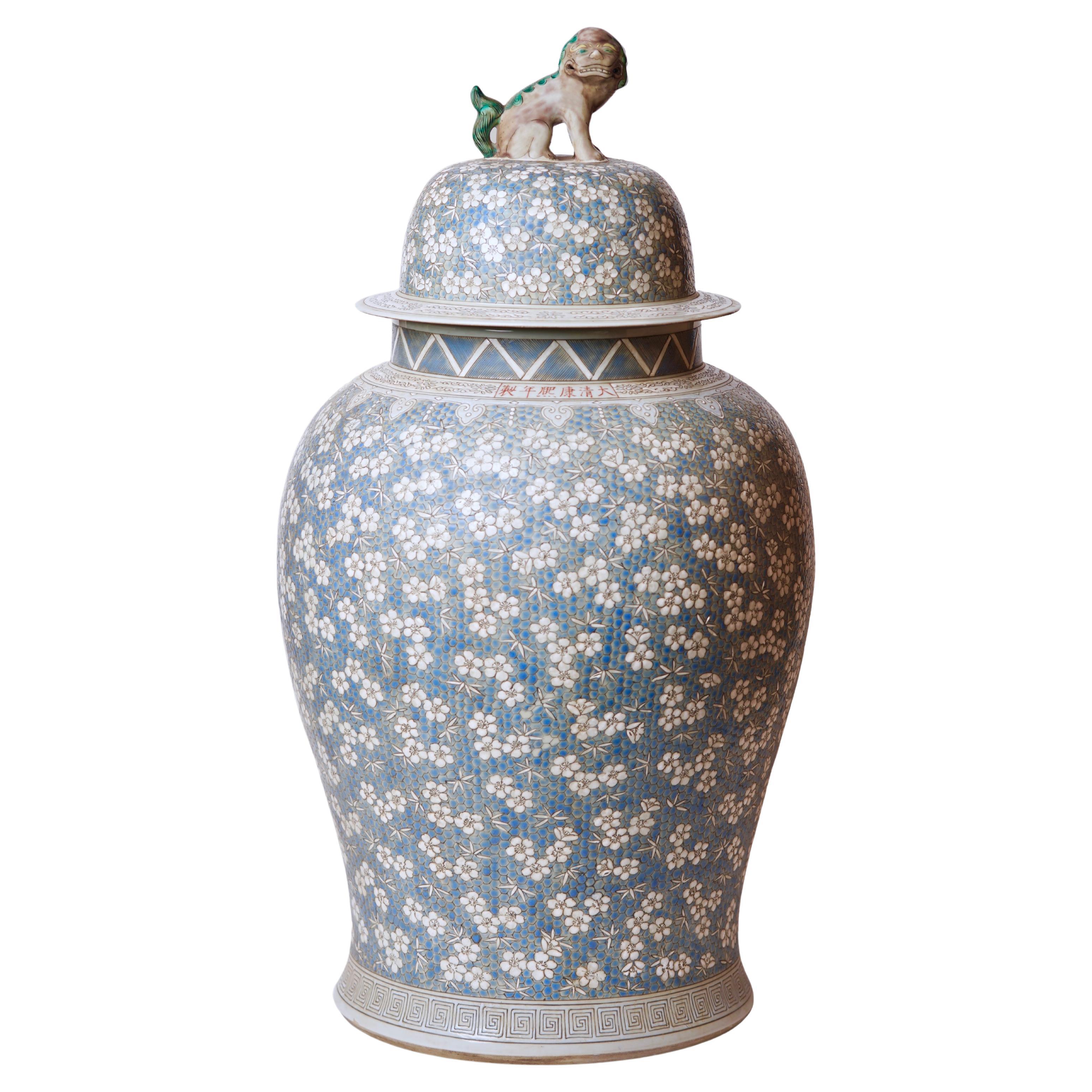 Vintage Famille Style Cherry Blossoms Blue and Grey Field Porcelain Temple Jar For Sale