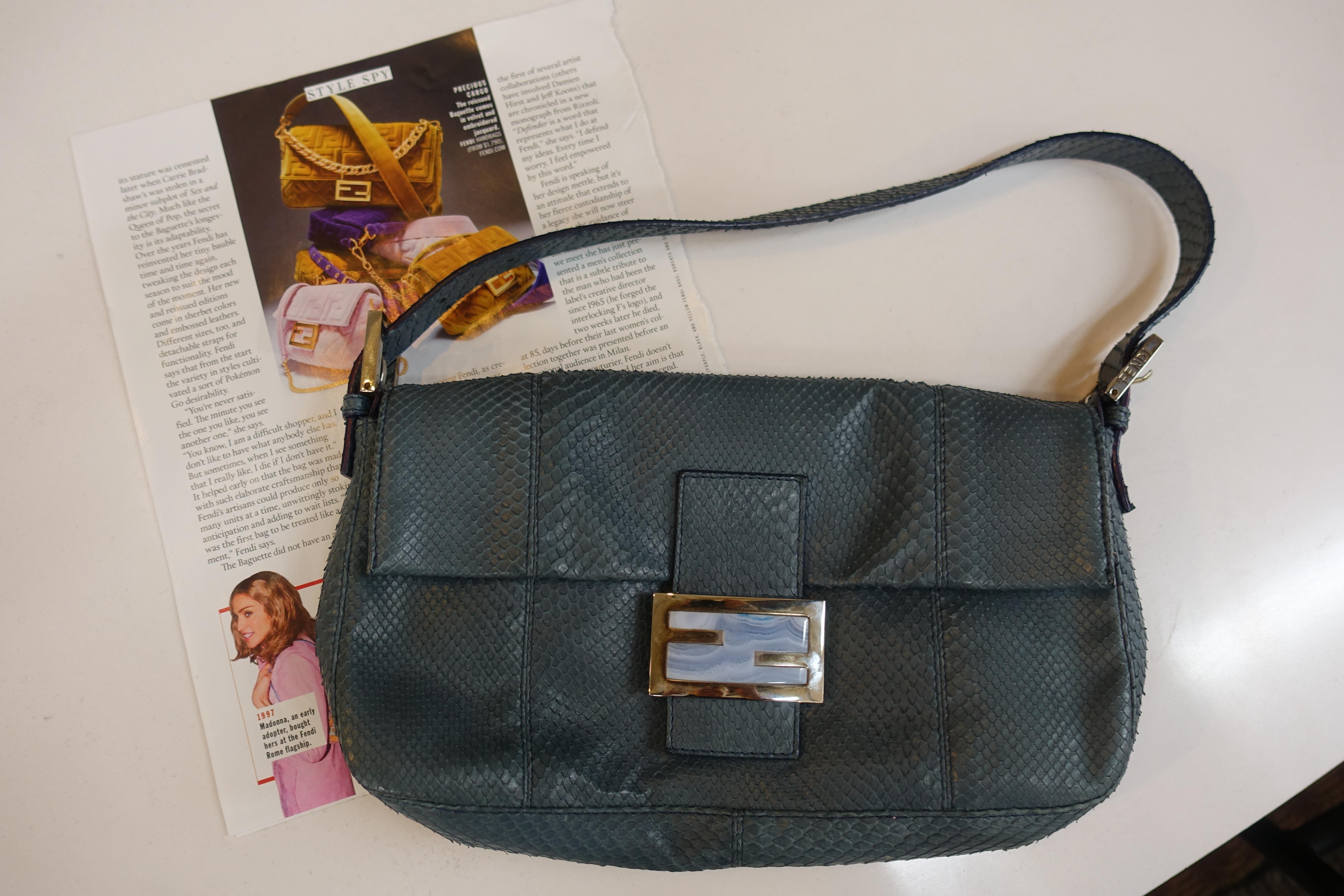 Vintage Famous Baguette Signed FENDI ITALY Gray Python Handbag For Sale 1