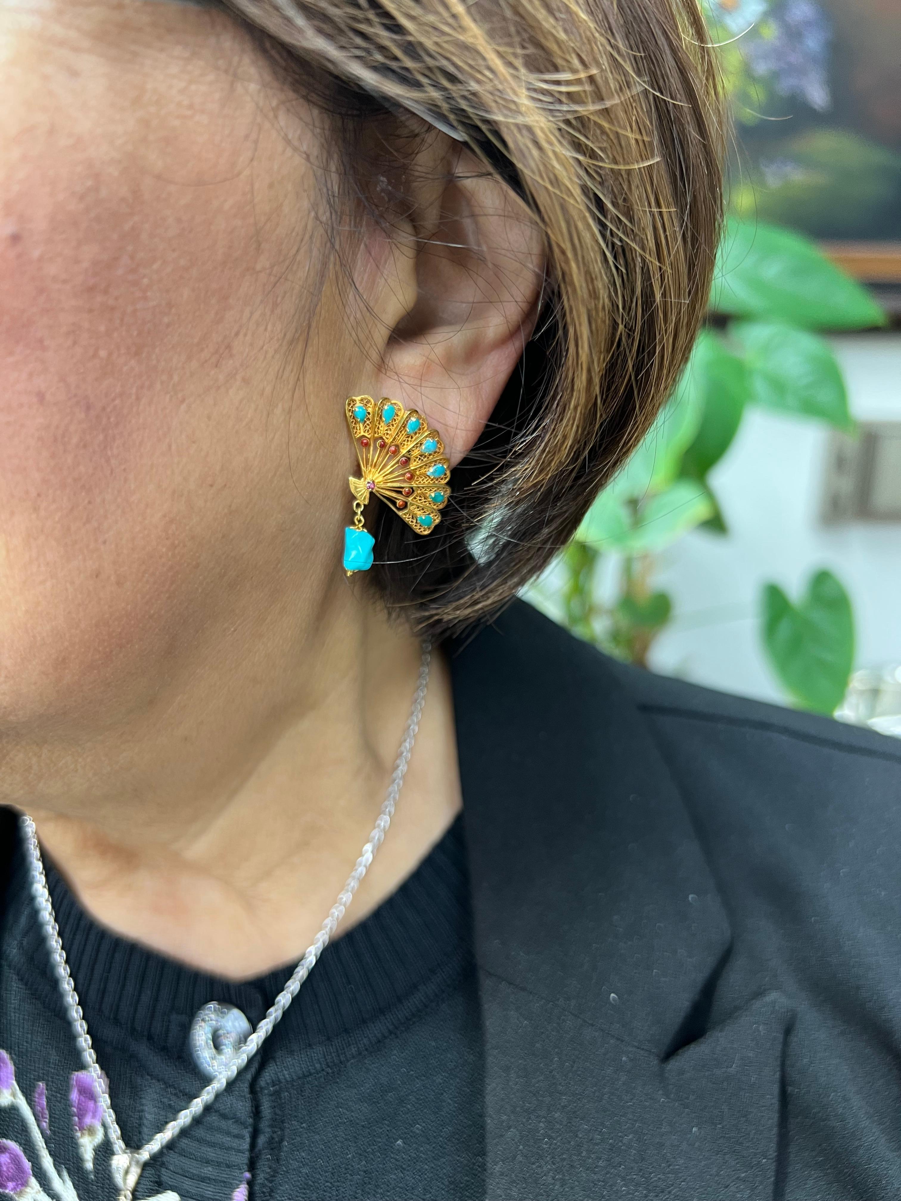Filigrane Gold-Ohrringe in Fächerform in Türkis für Damen oder Herren