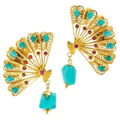 Vintage Fan Shaped Turquoise Filigree Gold Earrings