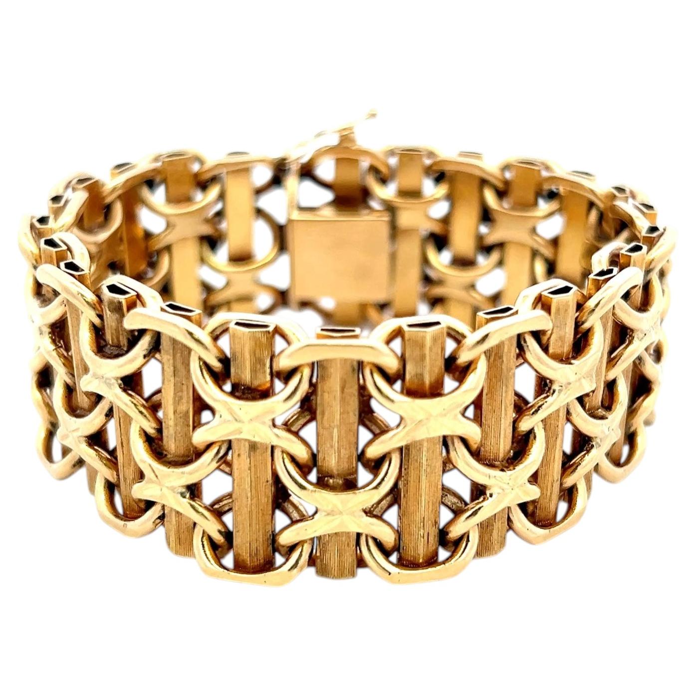 Vintage Fancy 14 Karat Yellow Gold Wide X-Link Bracelet 84.6 Grams