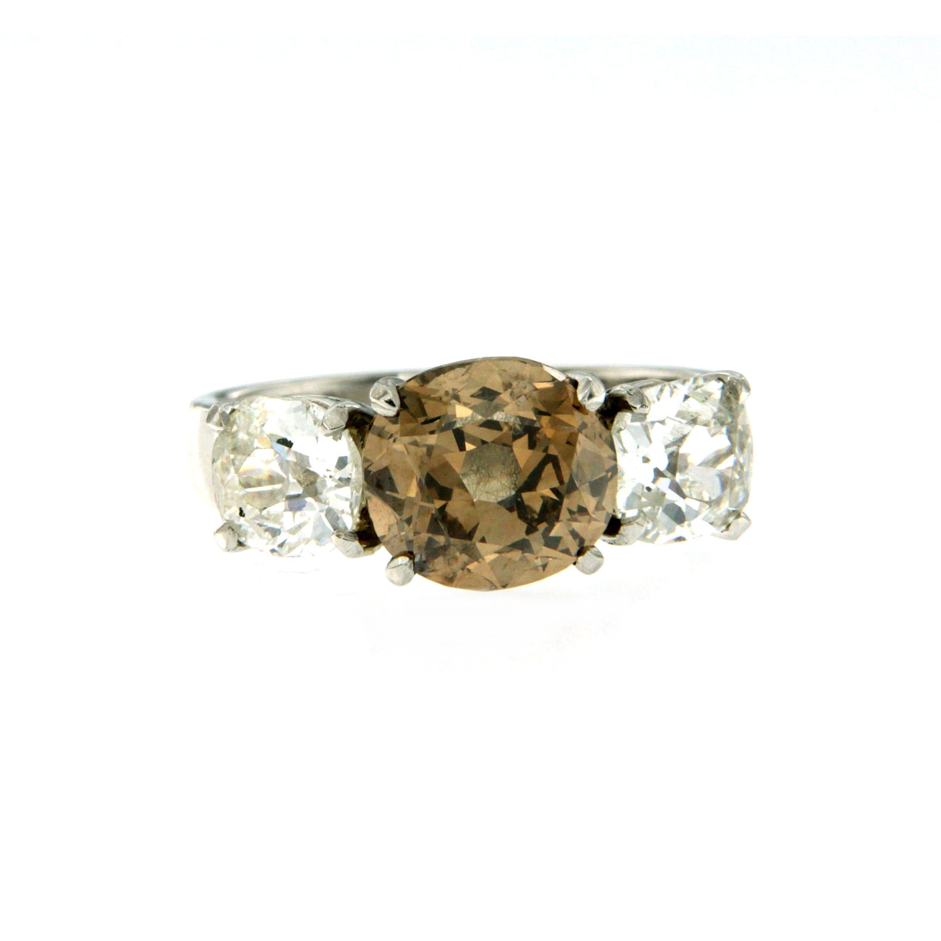 Vintage Fancy Brown Diamond Platinum Three-Stone Ring