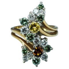 Anillo de Diamante Blanco Amarillo Canario Vintage Fancy Color Naranja Verde 14K Oro