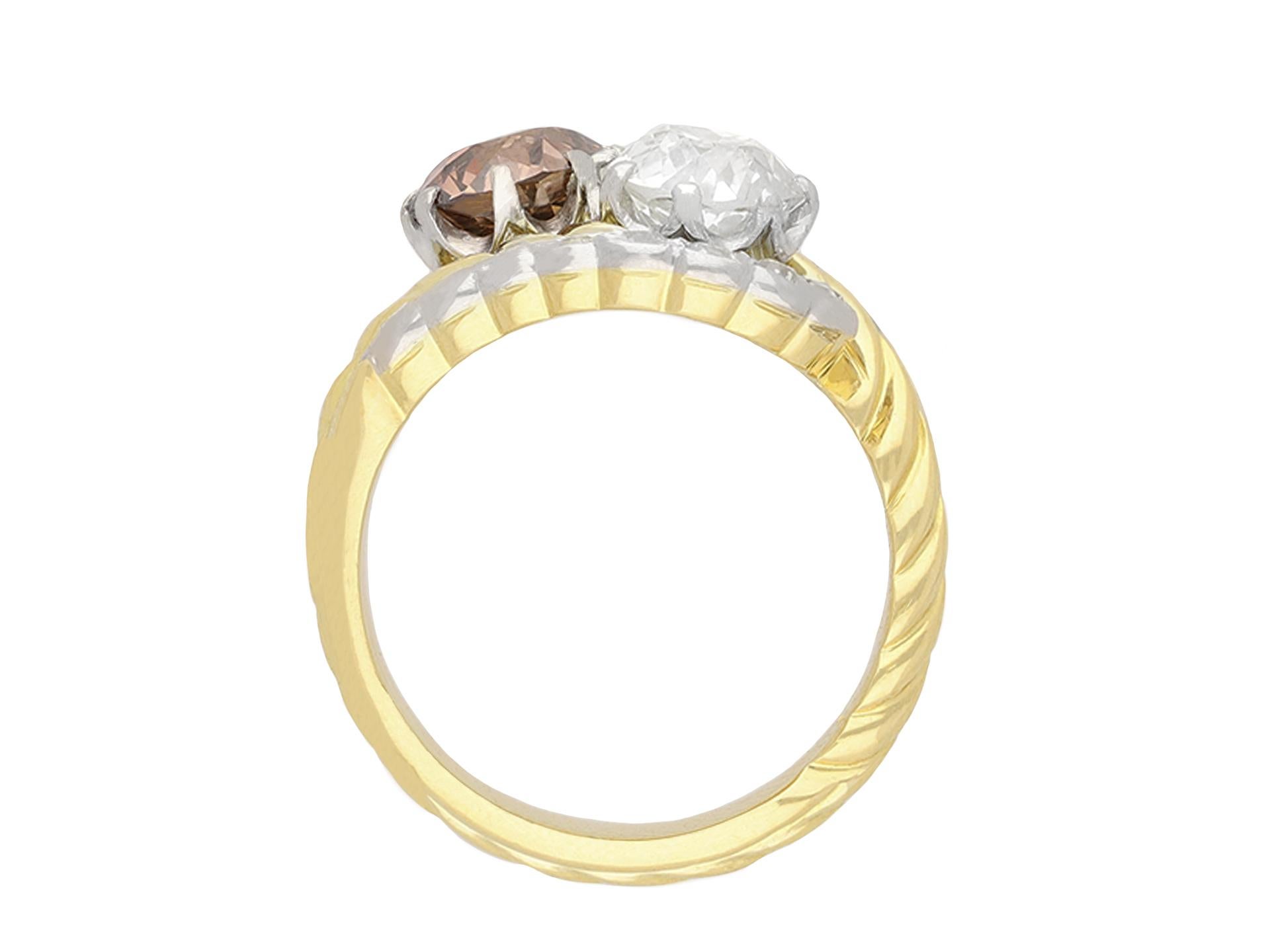 Retro Vintage fancy coloured diamond crossover ring, circa 1950. For Sale