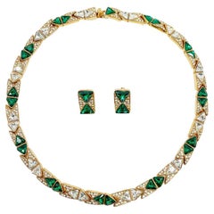 Vintage Fancy Cut Emerald Crystal Necklace & Bracelet 1980s
