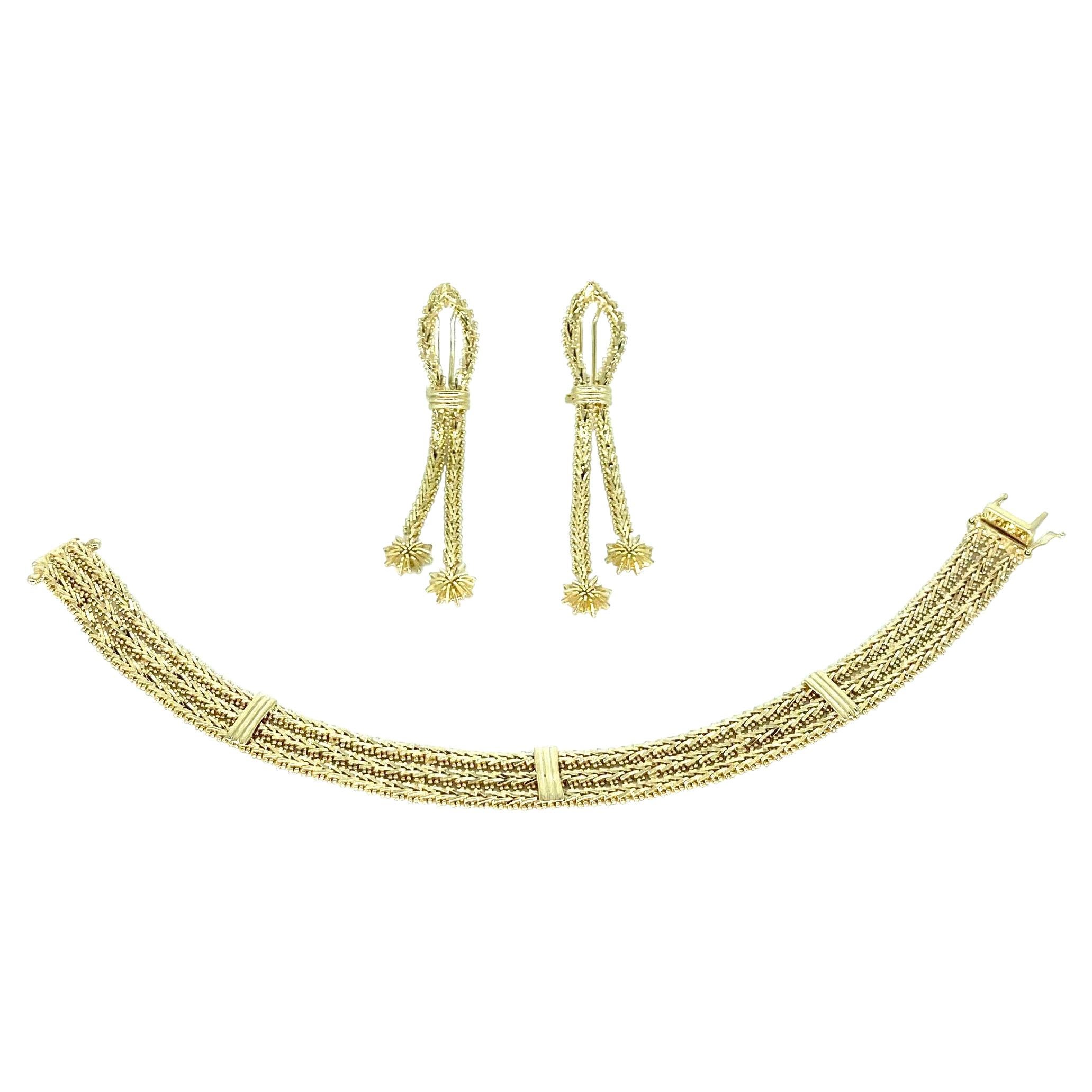 Vintage Fancy Designer Woven Chevron Star Clip Earrings & Bracelet Set 14k Gold