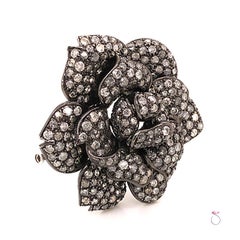 Vintage Fancy Gray Diamond Rose Brooch in 18k Blackened White Gold, 8.80 Carats