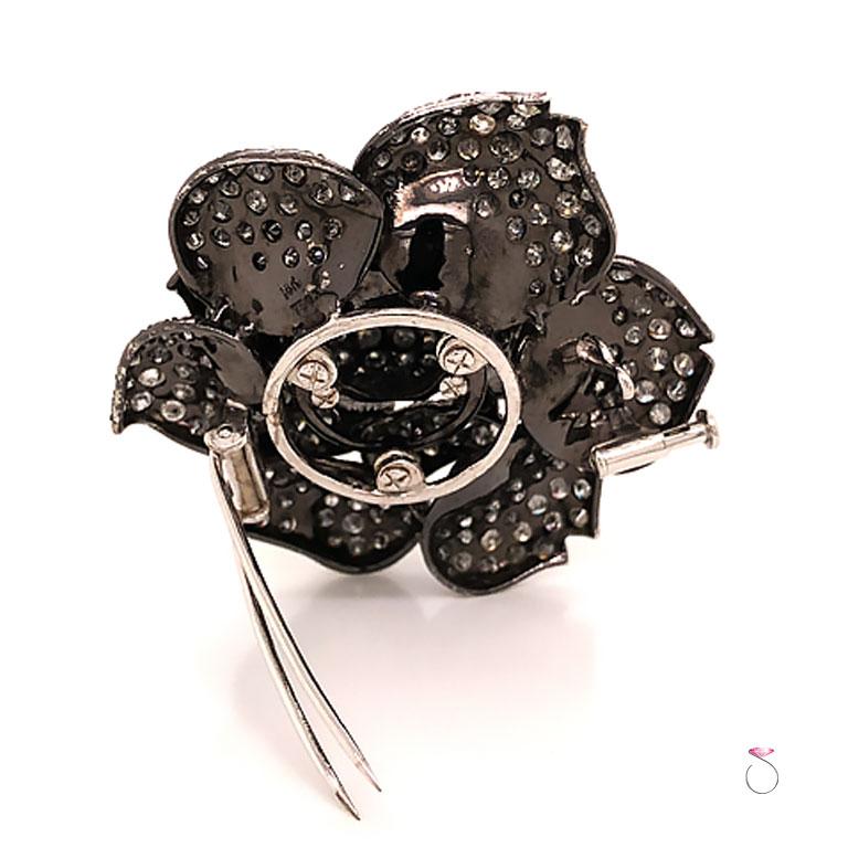 Vintage Fancy Gray Diamond Rose Brooch in 18k Blackened White Gold, 8.80 Carats In Excellent Condition For Sale In Honolulu, HI