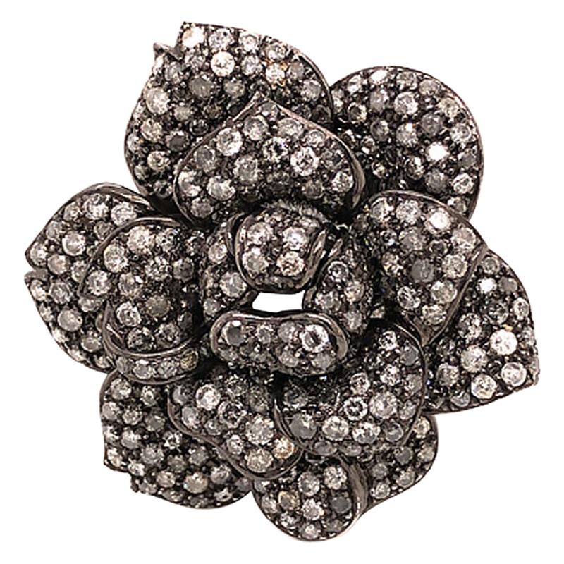 Vintage Fancy Gray Diamond Rose Brooch in 18k Blackened White Gold, 8.80 Carats For Sale