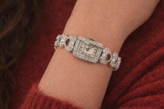 Vintage Fancy Hamilton Platinum 5.42ct Round Diamond Watch Heart Link Bracelet