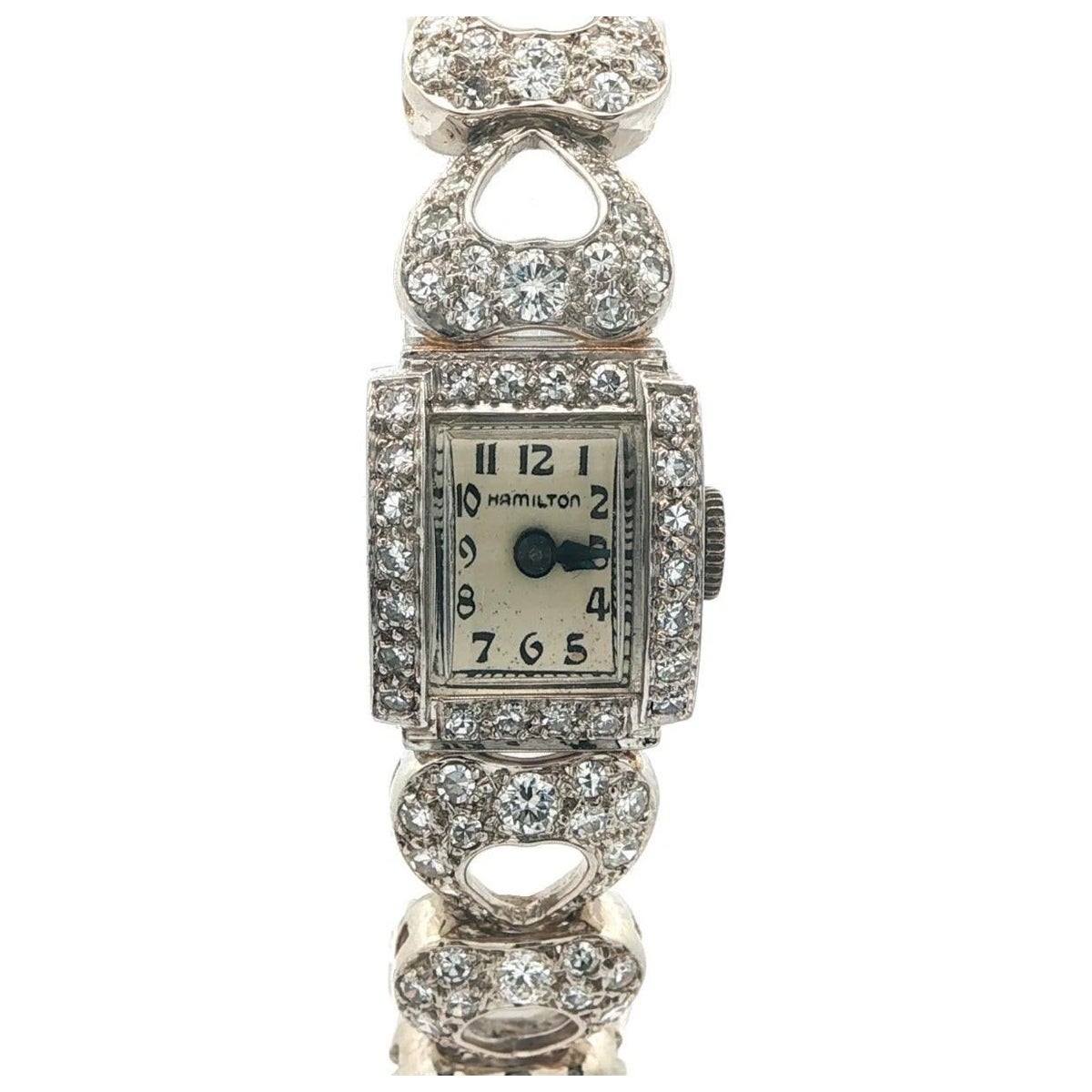 Reloj Hamilton Vintage Fancy Platino 5,42 ct Diamante Redondo Pulsera A Link Corazón