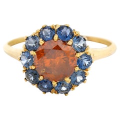 Vintage Fancy Orange Diamond Sapphire 14 Karat Yellow Gold Cluster Ring GIA