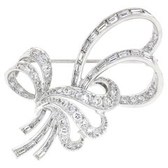 Vintage Fancy Platinum 2.36ctw Round & Baguette Diamond Ribbon Bow Pin Brooch