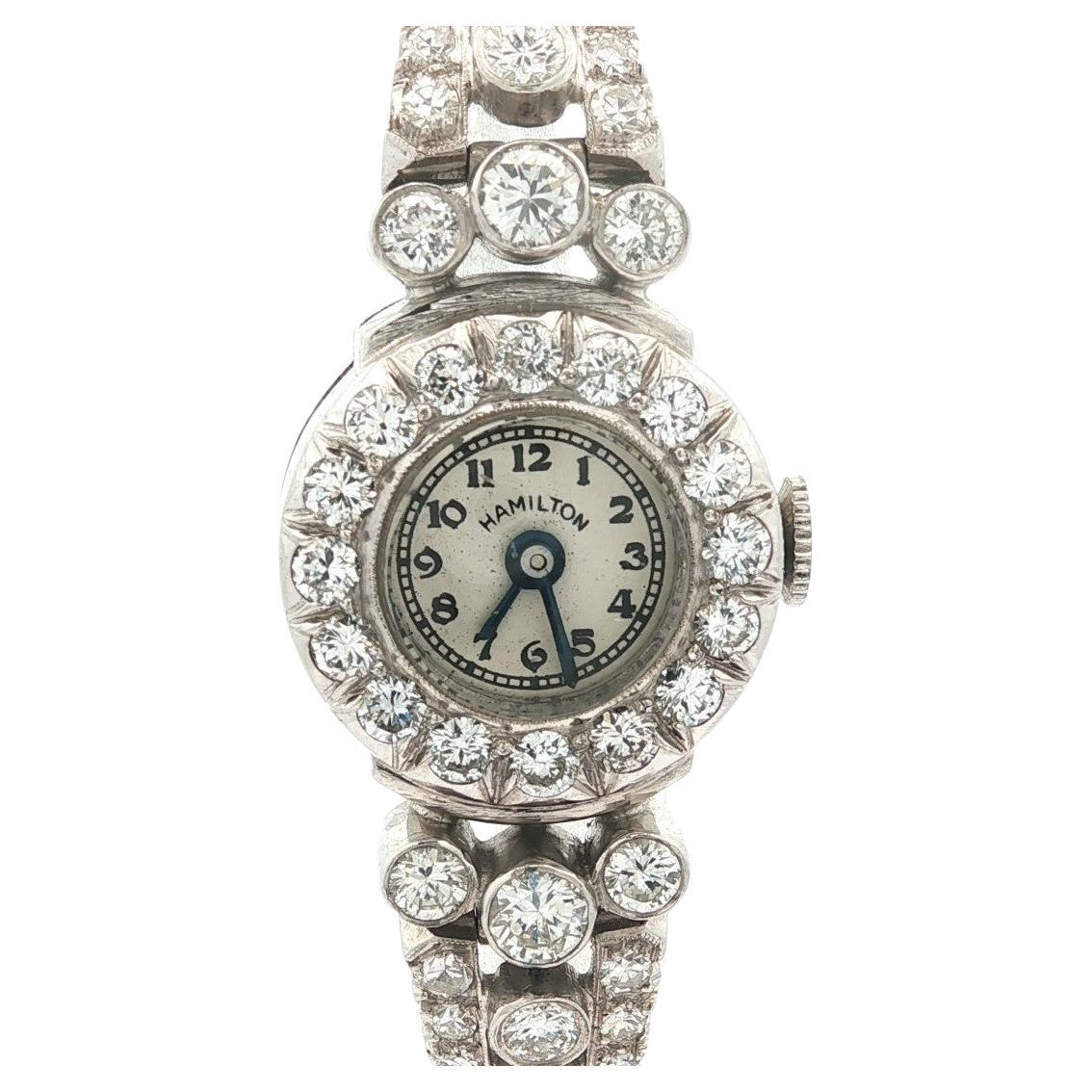 Vintage Fancy Platin Hamilton 2,76ctw Runde Brillant Diamant Uhr Armband