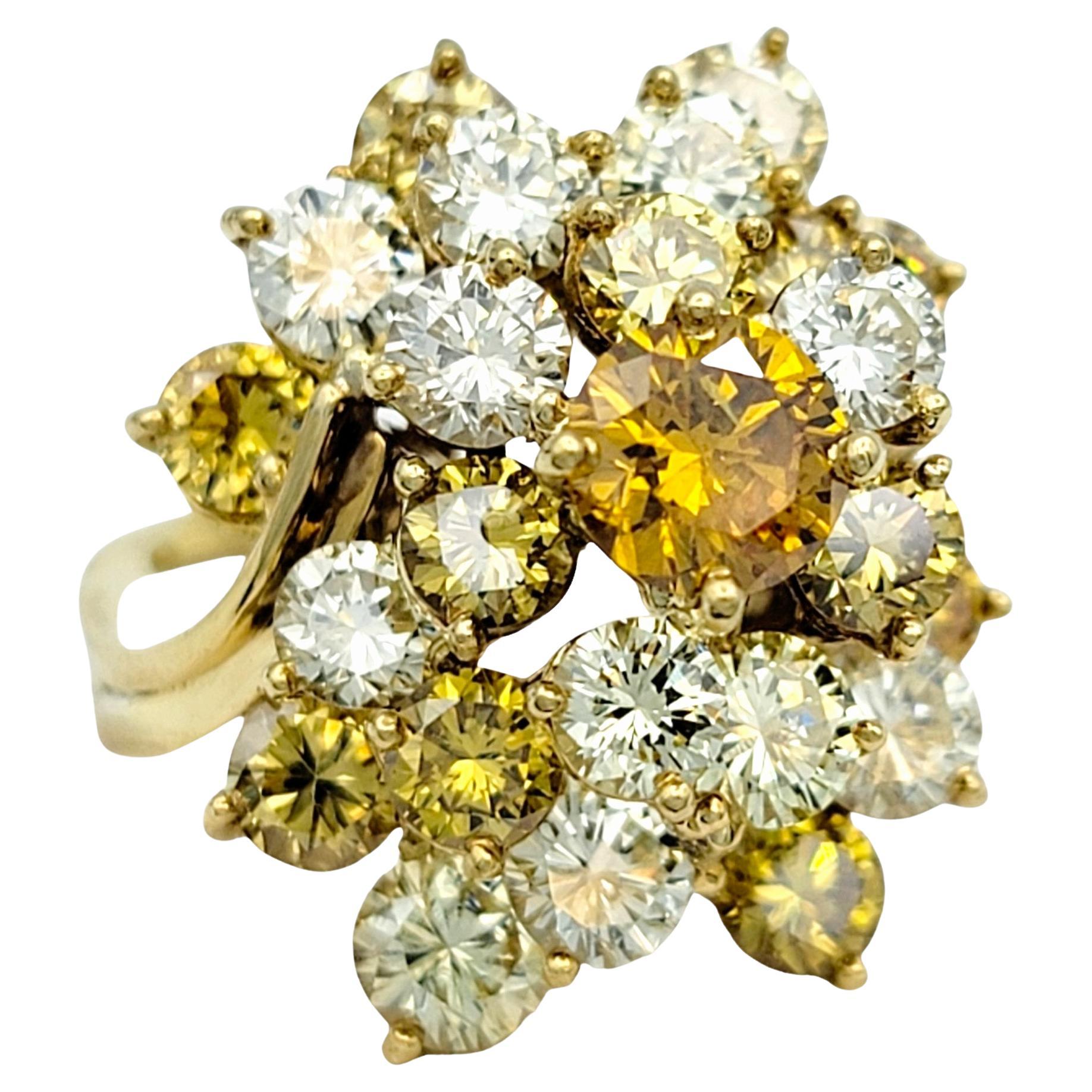 Ring Size: 6

This stunning vintage diamond cocktail ring, set in luxurious 18 karat yellow gold is sure to impress. The centerpiece of this exquisite ring is a dazzling Fancy Orange diamond, capturing attention with its rare and captivating hue.