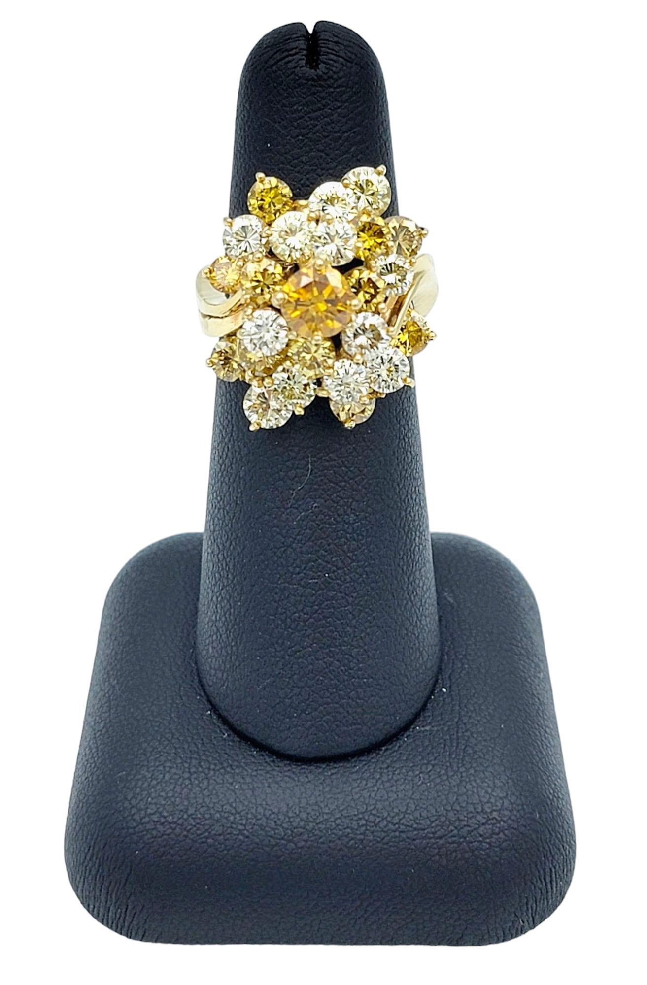 Women's Vintage Fancy Yellow, Fancy Orange and White Diamond Cluster Cocktail Ring Gold For Sale